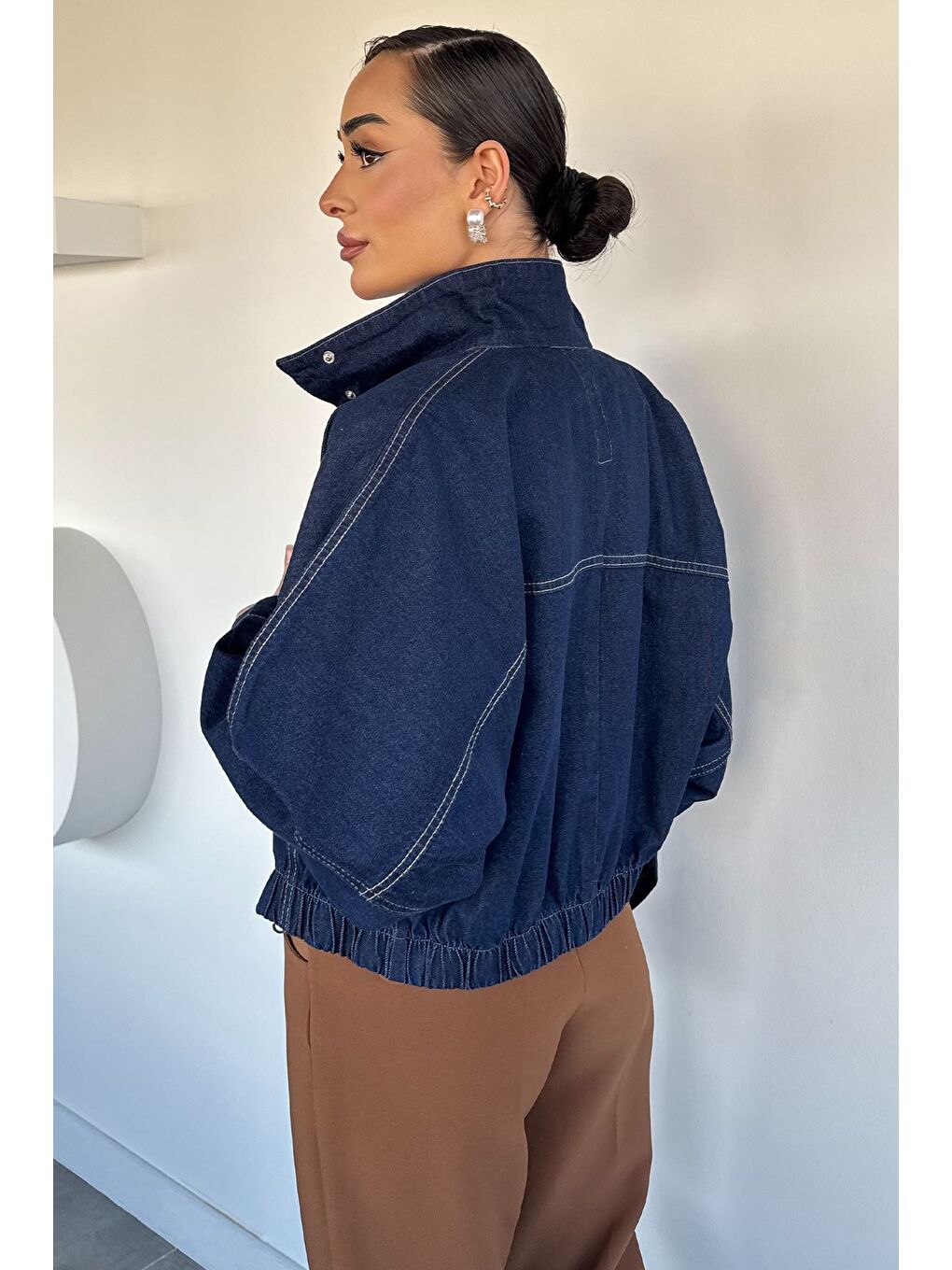 Lacivert Kadın Ön Fermuarlı Bel Lastikli Oversize Jean Jean Ceket-4