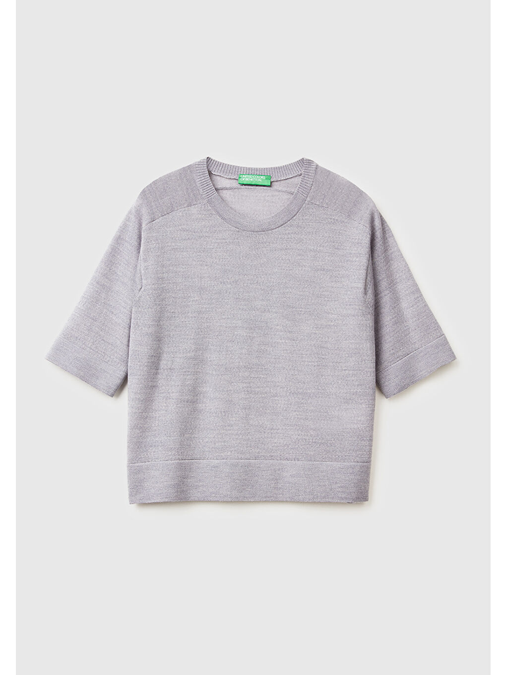 Kadın Gri Melanj %100 Yün Bisiklet Yaka Kısa Kollu Kazak-1