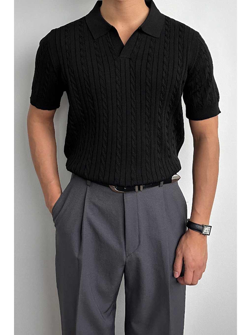 Erkek Fitilli Polo Yaka Triko Tişört Siyah