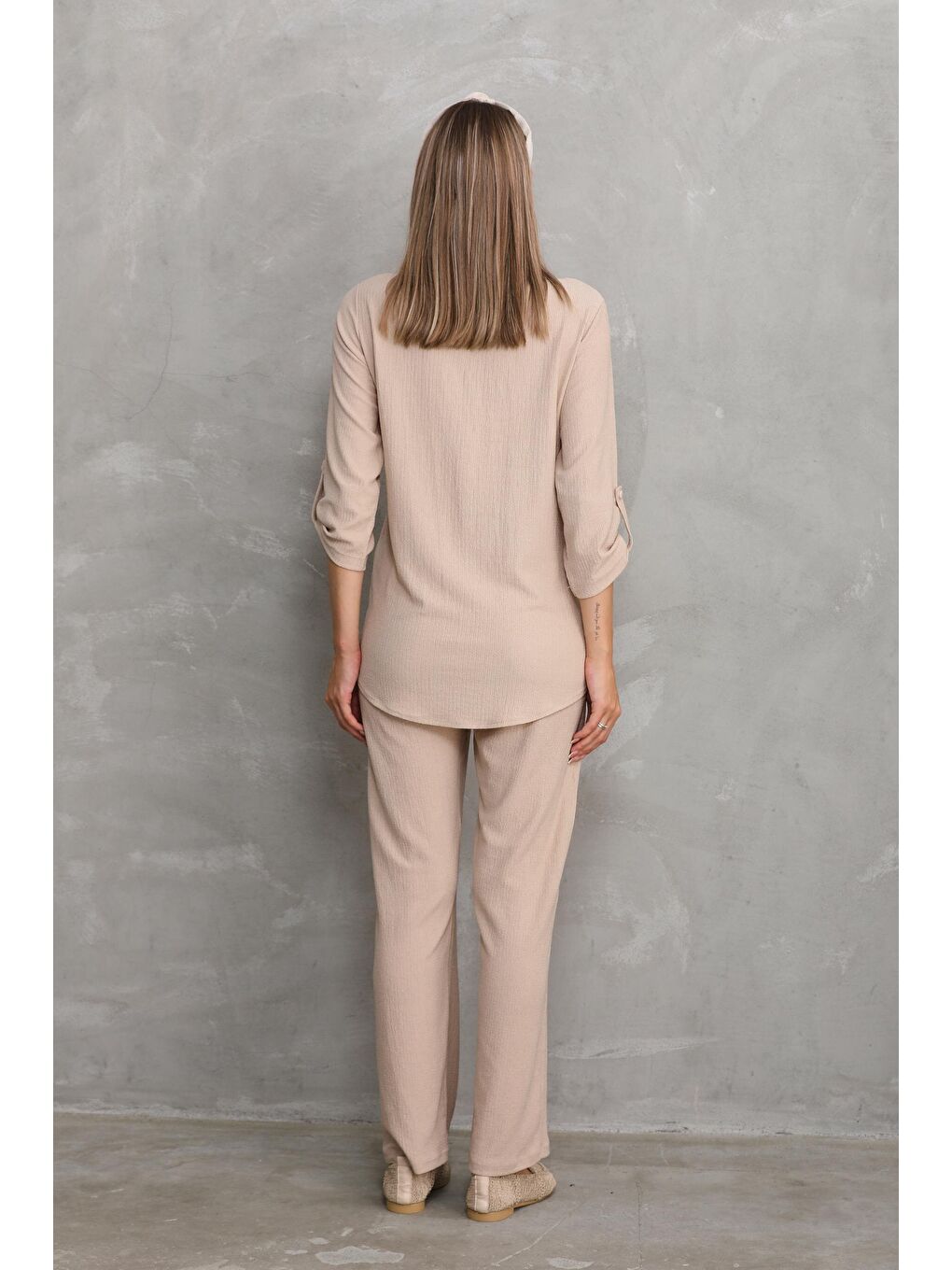 Bej Önden Düğmeli V yaka Hamile ve Lohusa Alt Üst Takım-3