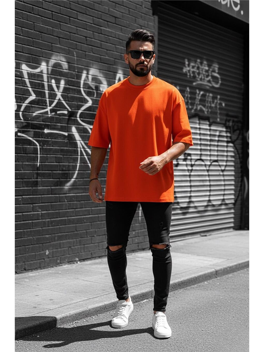 Turuncu Benriy Erkek Oversize Basic Bisiklet Yaka Pamuklu T-Shirt Rahat Kesim Unisex Sevgili Kombini-1