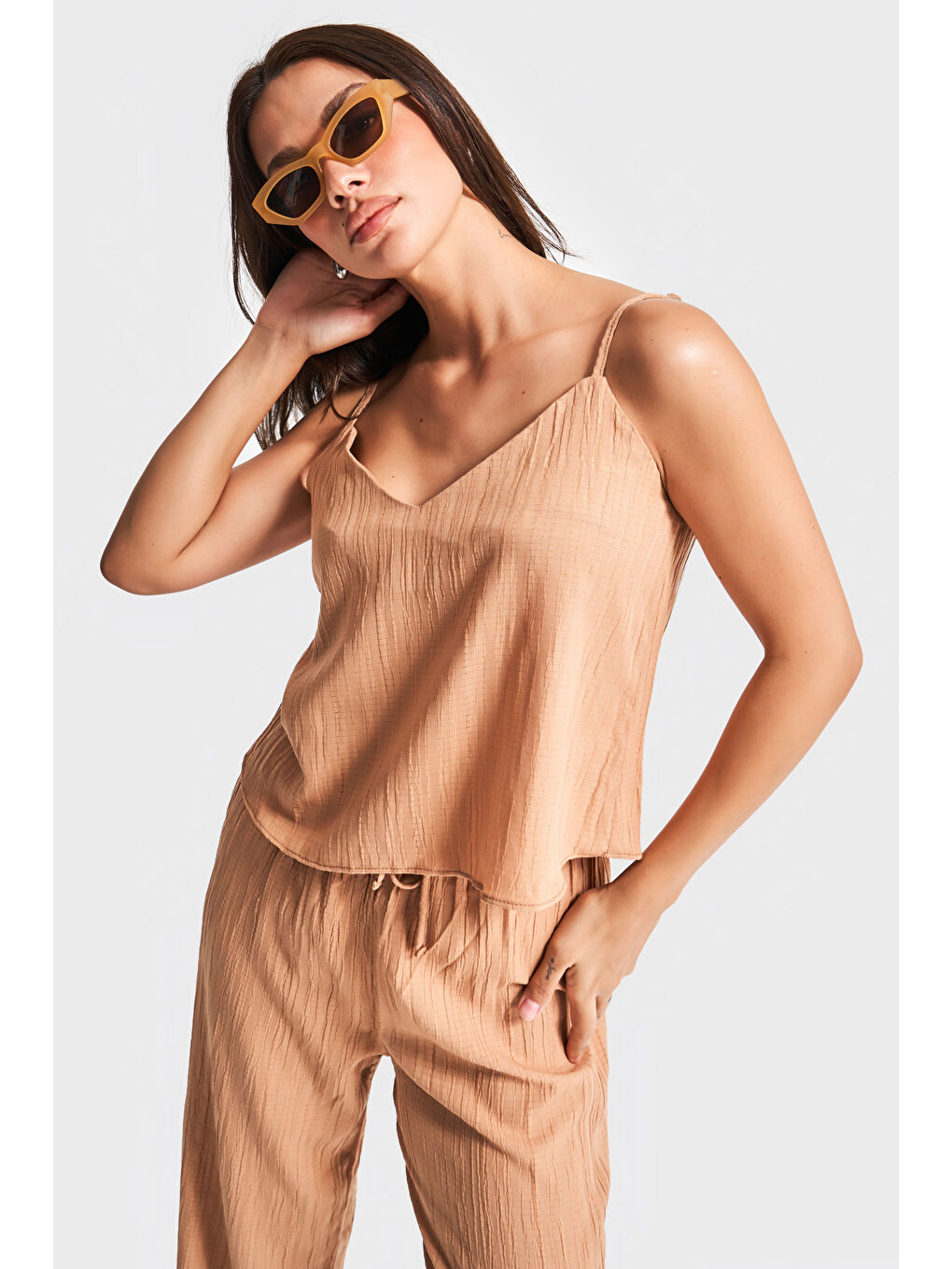 Kahverengi Kadın Kahve Renk s5-36 Rahat Kesim Yazlık Kumaş Pantolon Büstiyer 2'li Kombin-1