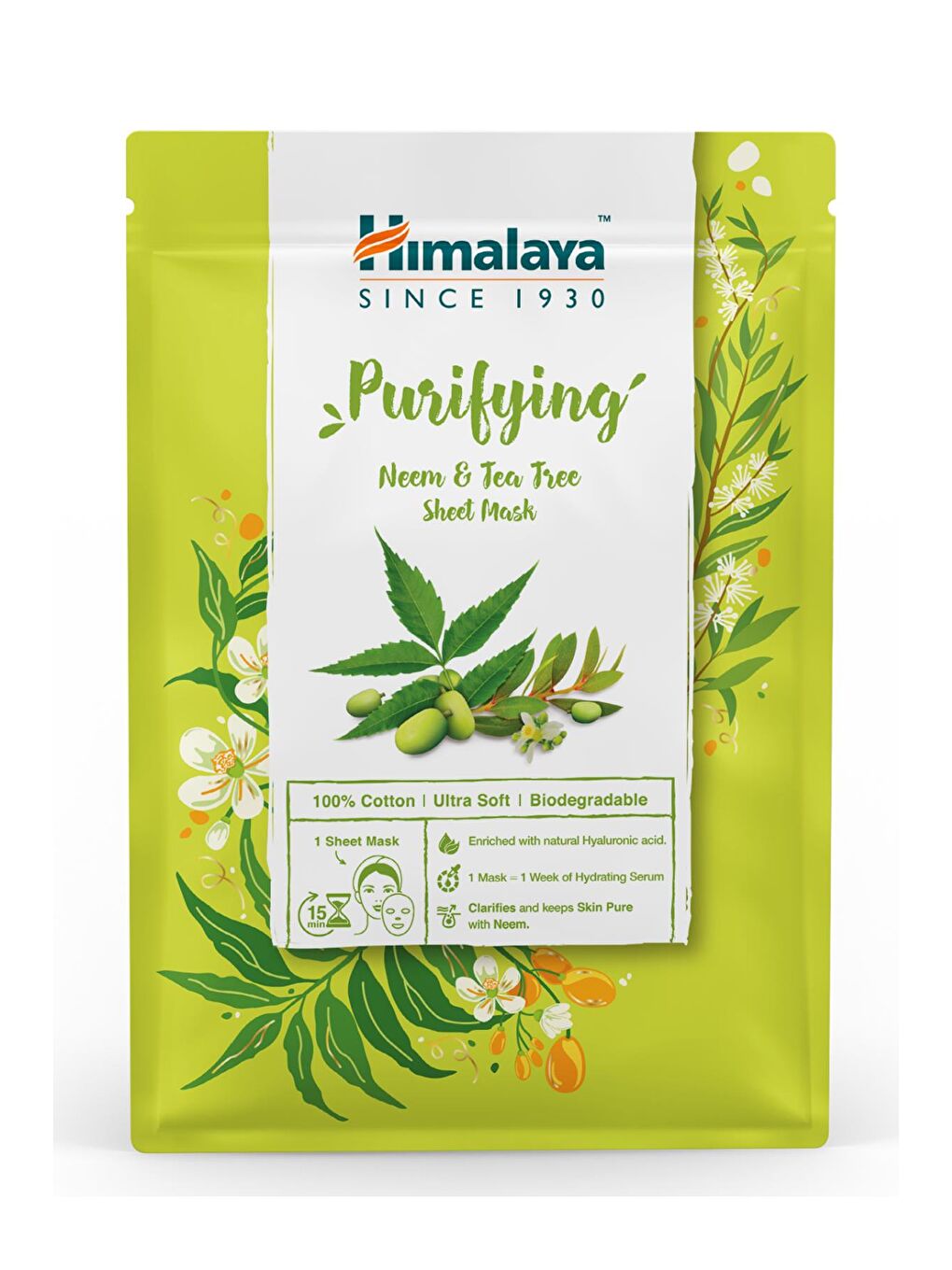 Himalaya Since 1930 Arındırıcı Kağıt Maske, Neem, Çay Ağacı, Hyaluronik Asit, %100 Pamuk, Tüm Ciltler, 30 gr