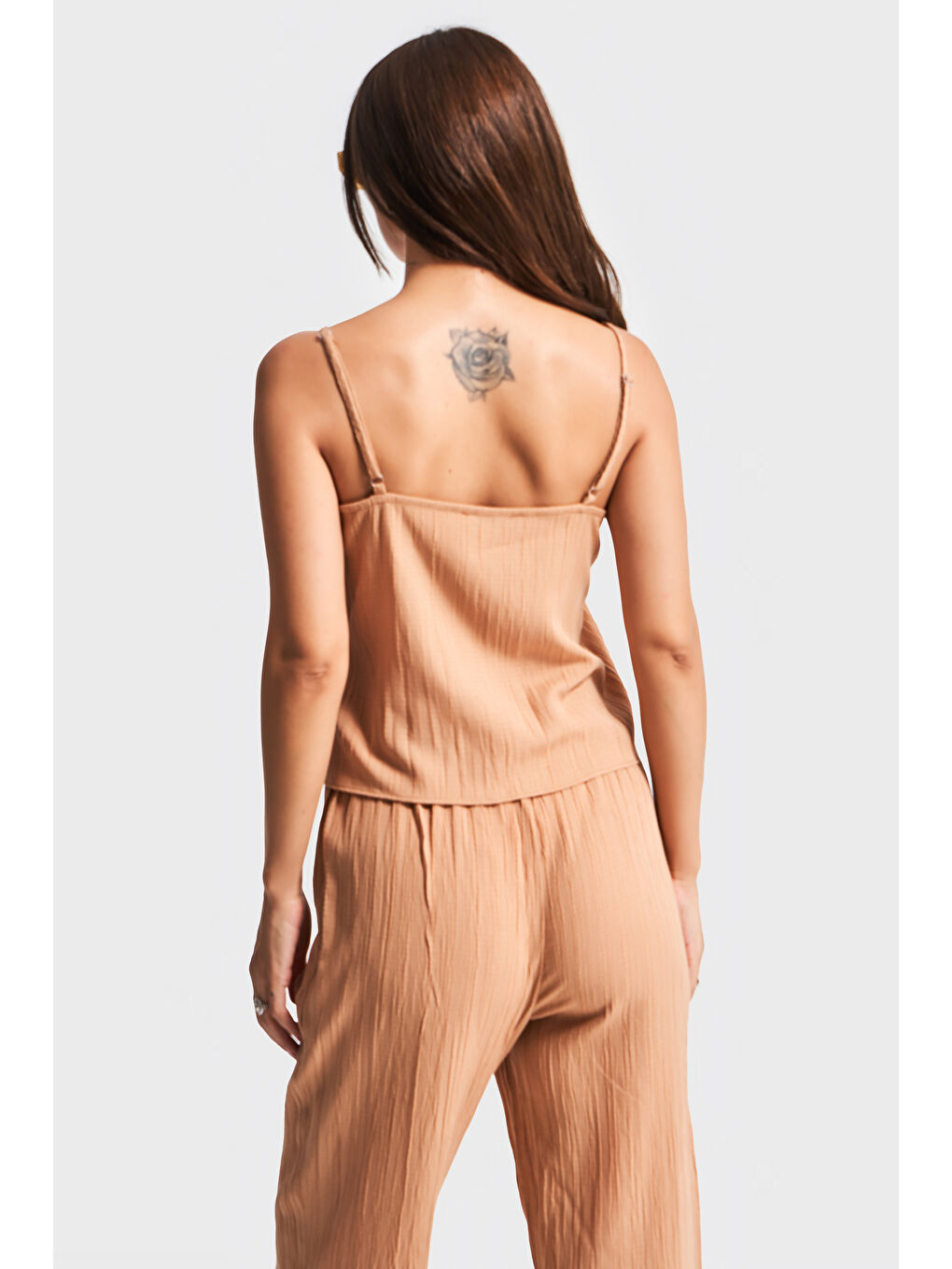 Kahverengi Kadın Kahve Renk s5-36 Rahat Kesim Yazlık Kumaş Pantolon Büstiyer 2'li Kombin-3