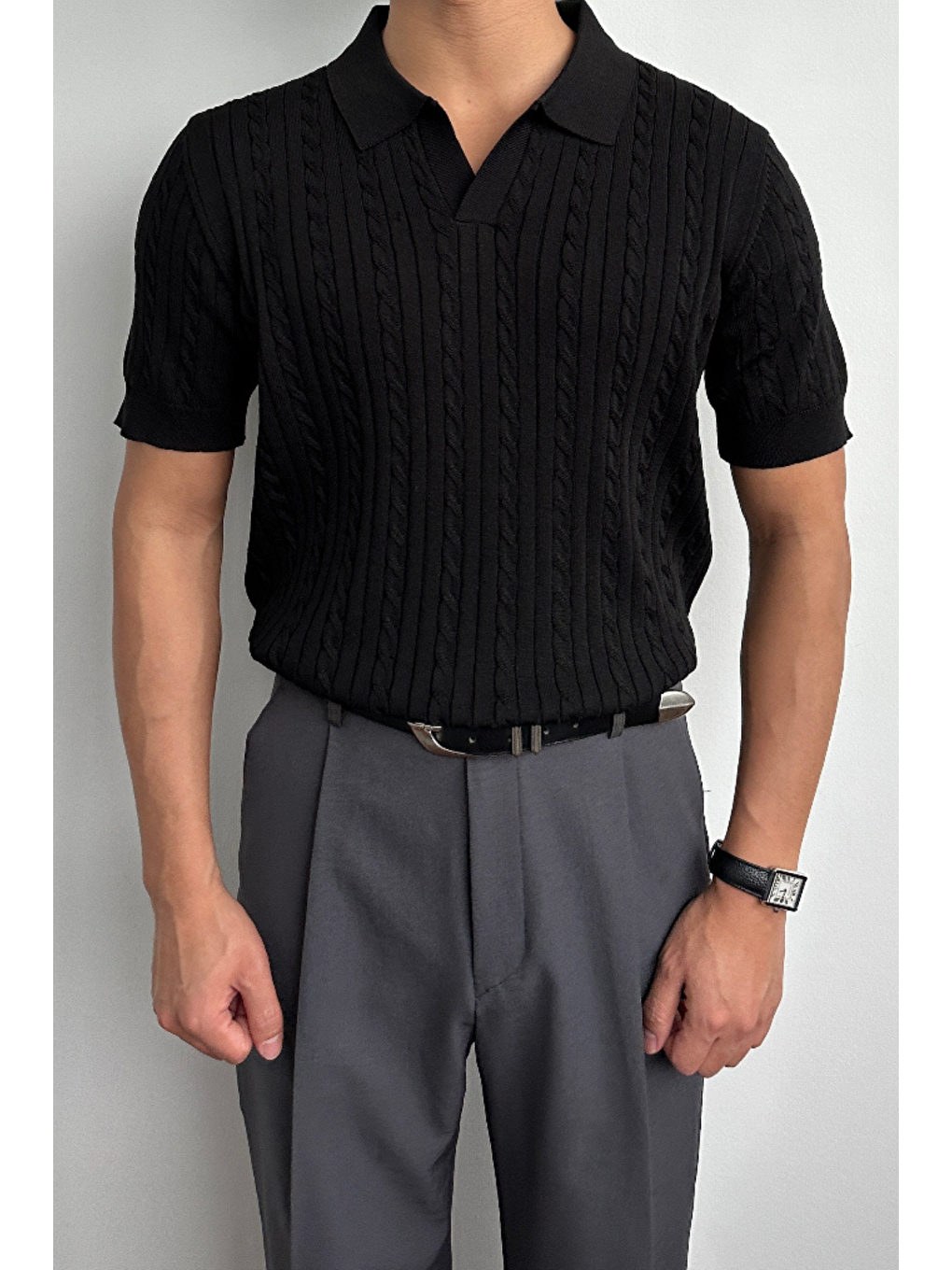 Erkek Fitilli Polo Yaka Triko Tişört Siyah-2