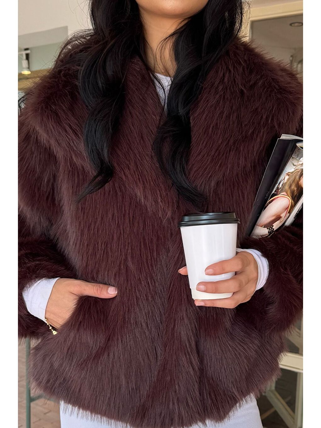 Kahverengi Kadın Astarlı Kürklü Kısa Mont-2