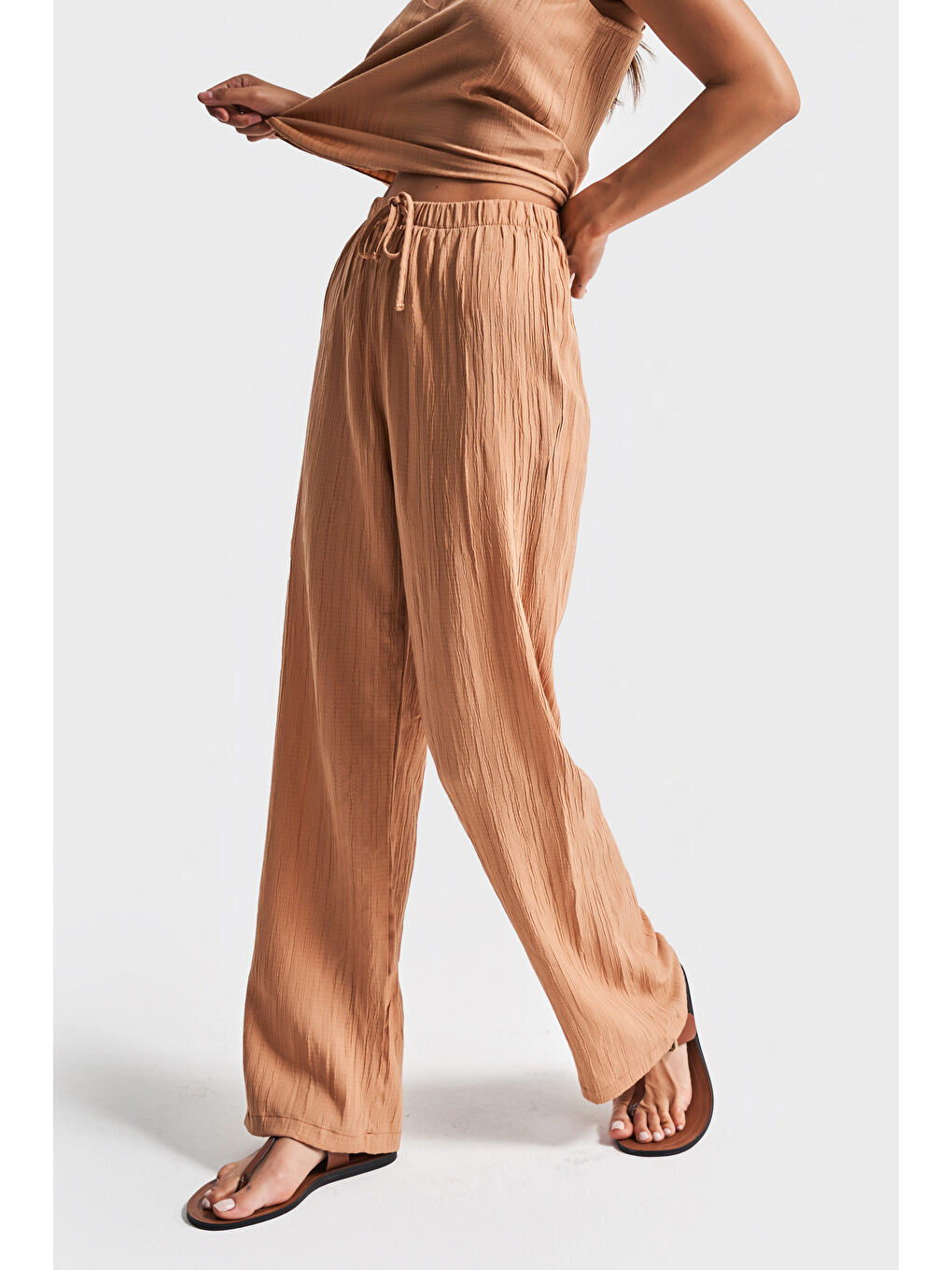 Kahverengi Kadın Kahve Renk s5-36 Rahat Kesim Yazlık Kumaş Pantolon Büstiyer 2'li Kombin-4