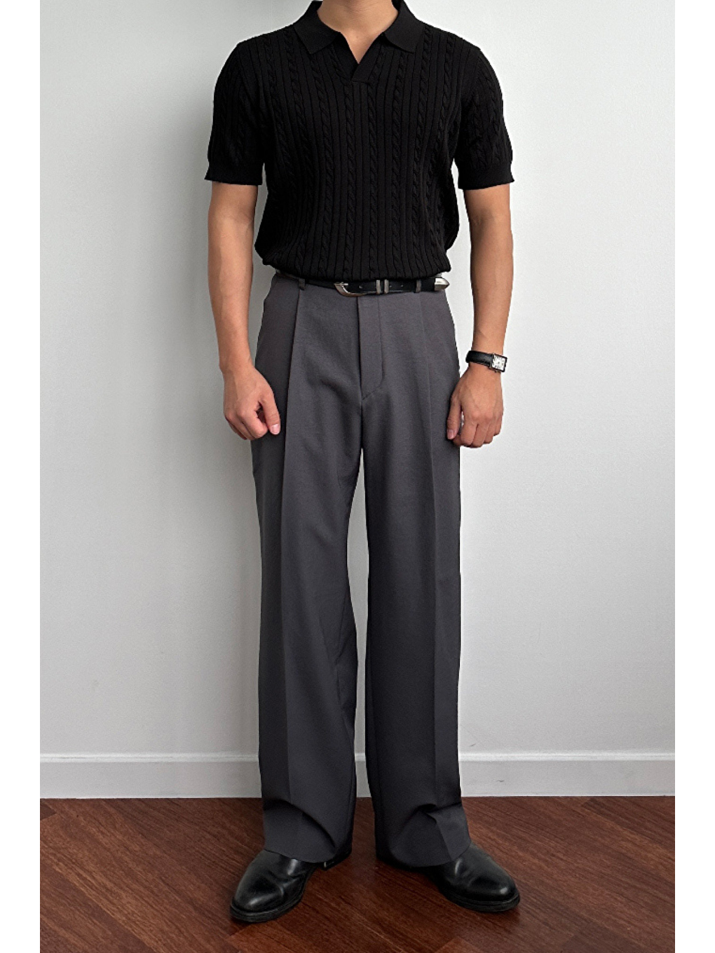 Erkek Fitilli Polo Yaka Triko Tişört Siyah-3