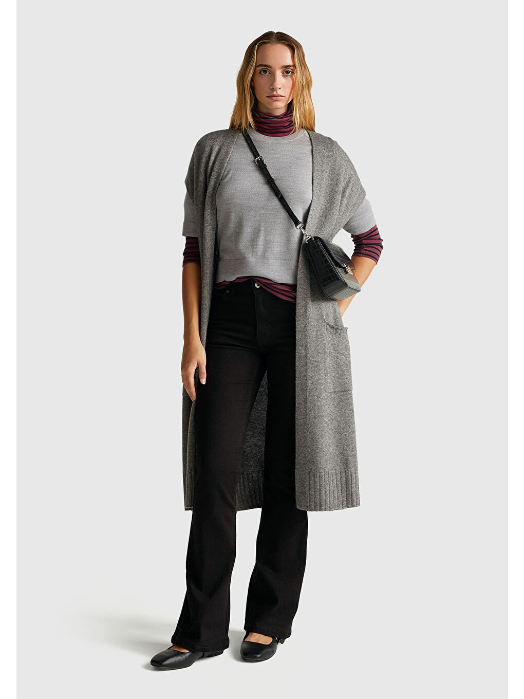 Kadın Gri Melanj %100 Yün Bisiklet Yaka Kısa Kollu Kazak-4