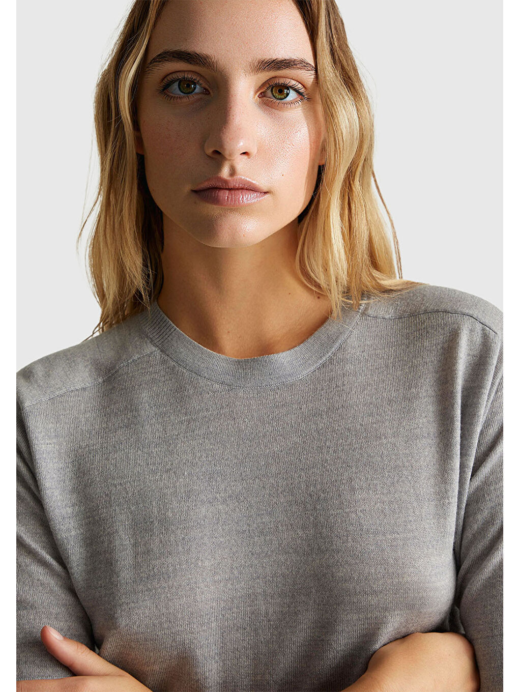 Kadın Gri Melanj %100 Yün Bisiklet Yaka Kısa Kollu Kazak-5