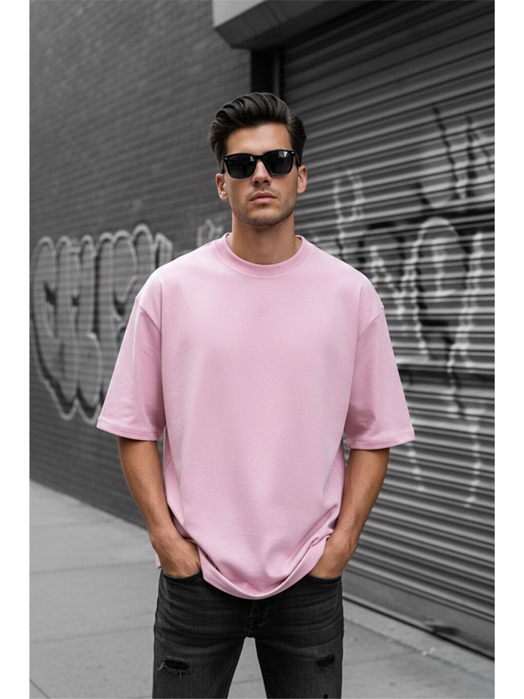 Pembe Benriy Erkek Oversize Basic Bisiklet Yaka Pamuklu T-Shirt Rahat Kesim Unisex Sevgili Kombini-1