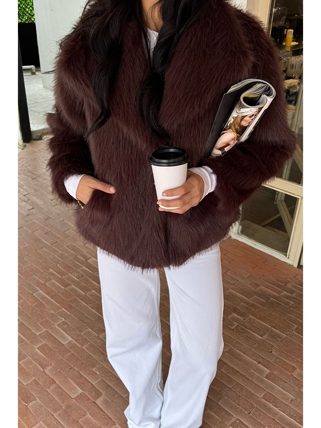 Kahverengi Kadın Astarlı Kürklü Kısa Mont-5