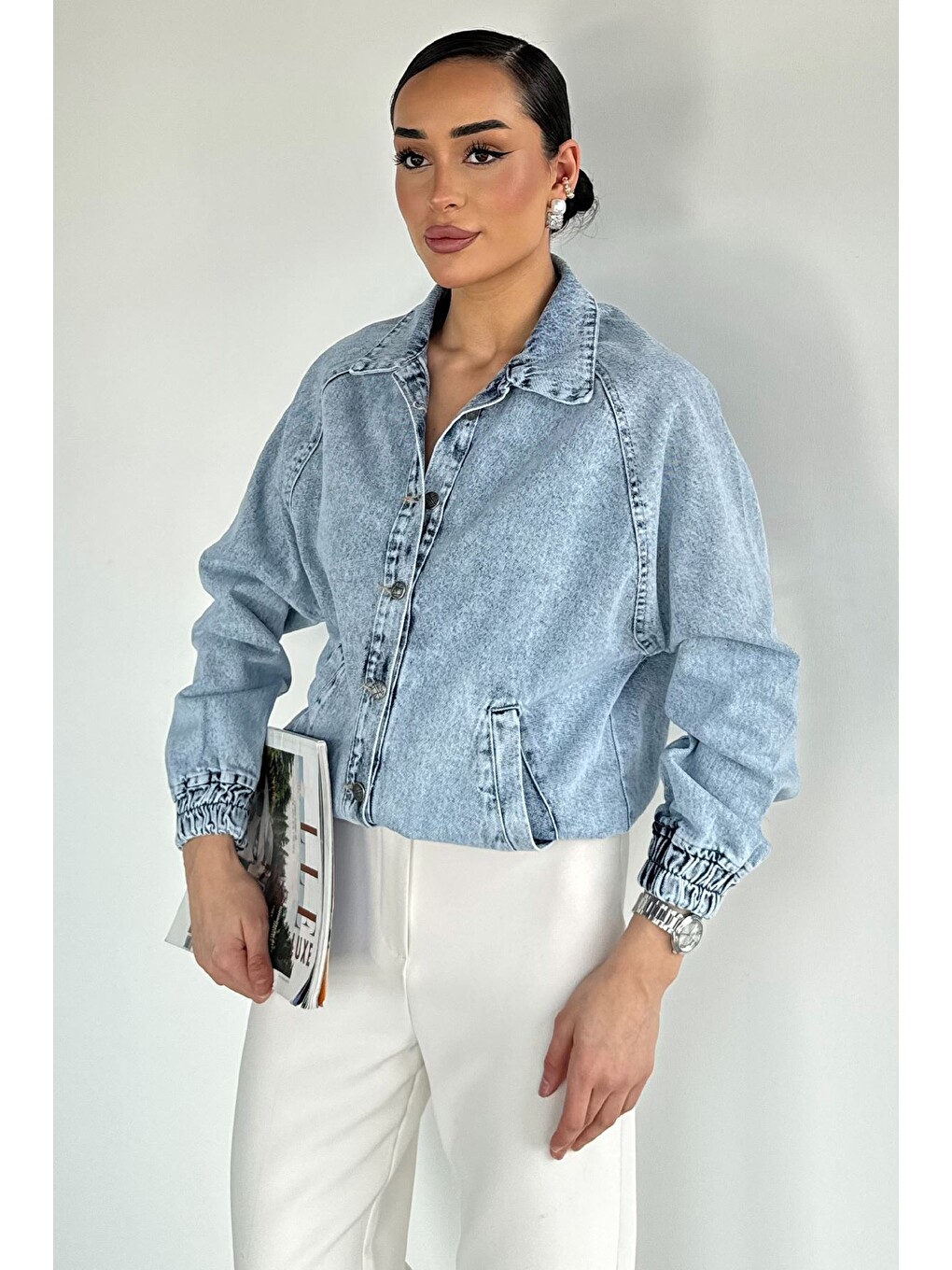 Mavi Kadın Bel Lastikli Ön Düğmeli Jean Jean Ceket-1