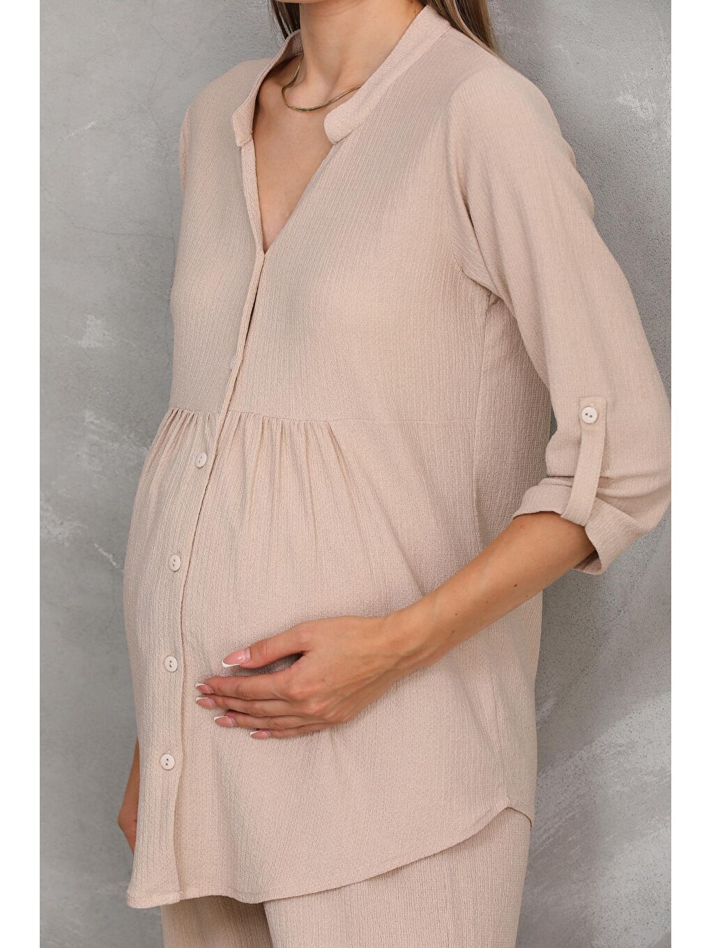 Bej Önden Düğmeli V yaka Hamile ve Lohusa Alt Üst Takım-4