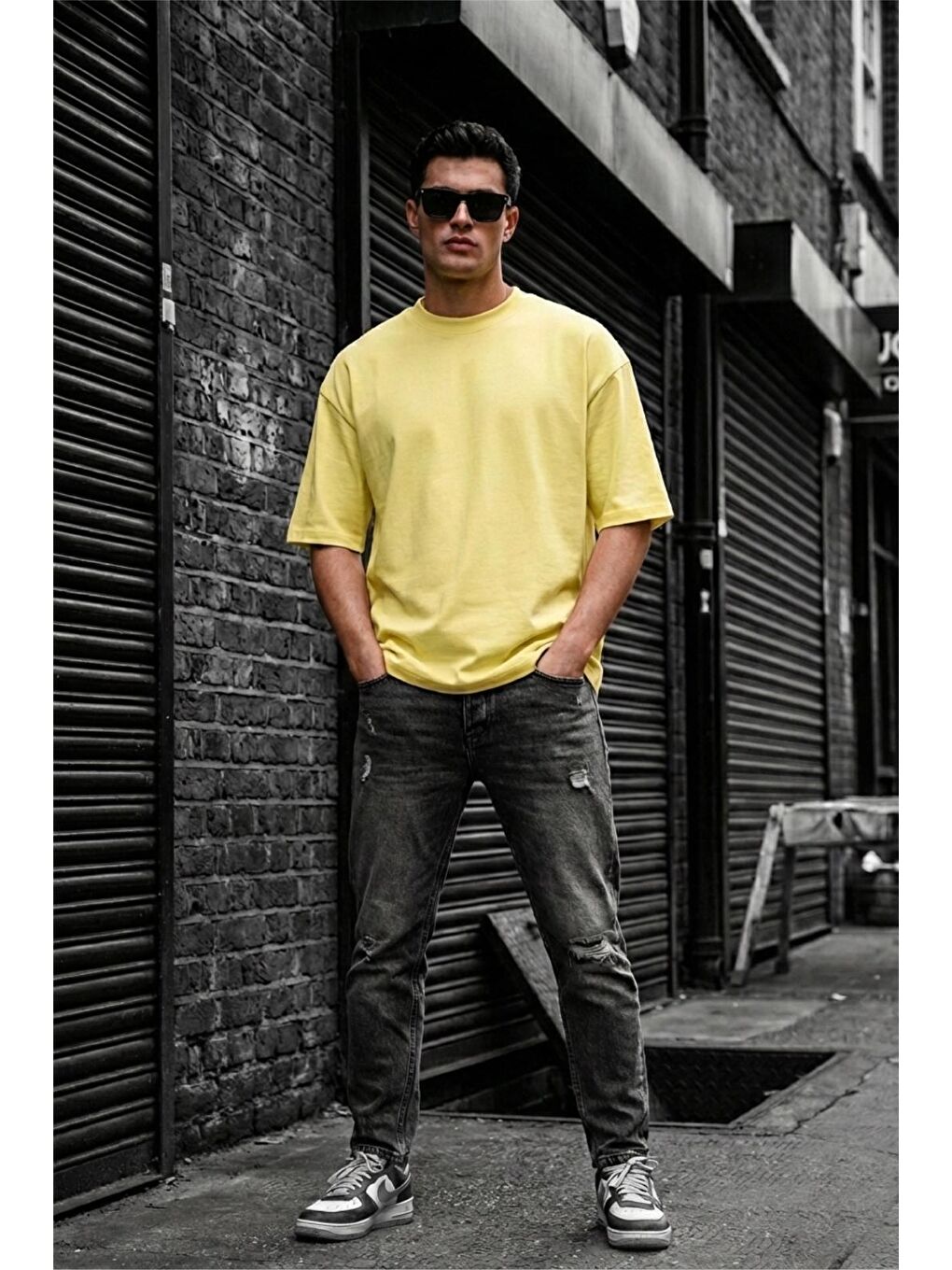 Sarı Benriy Erkek Oversize Basic Bisiklet Yaka Pamuklu T-Shirt Rahat Kesim Unisex Sevgili Kombini-1