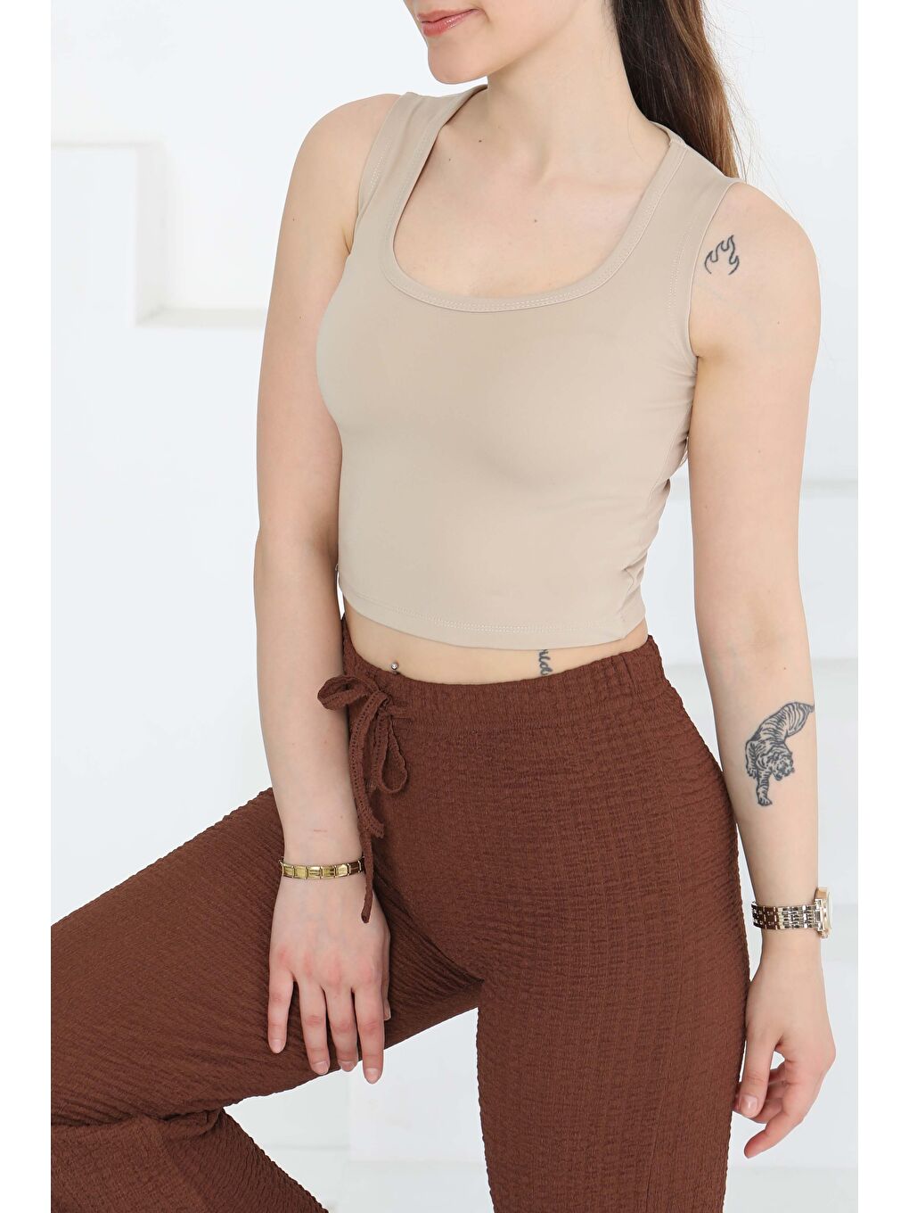 Cupralı Oval Yaka Crop Atlet Bej - 27278