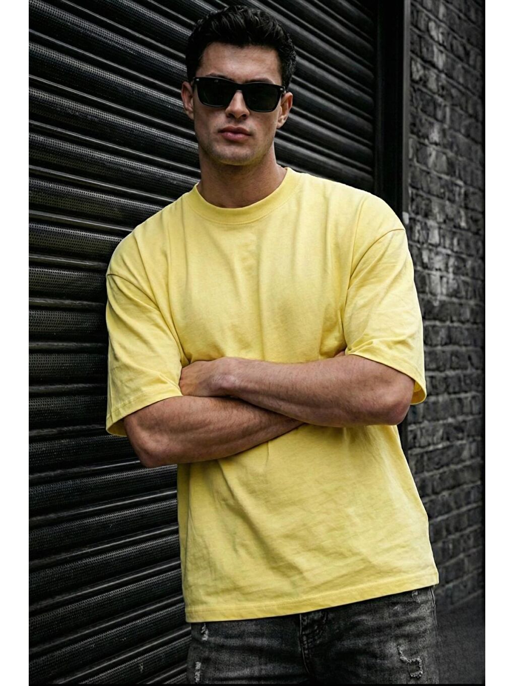 Sarı Benriy Erkek Oversize Basic Bisiklet Yaka Pamuklu T-Shirt Rahat Kesim Unisex Sevgili Kombini-2