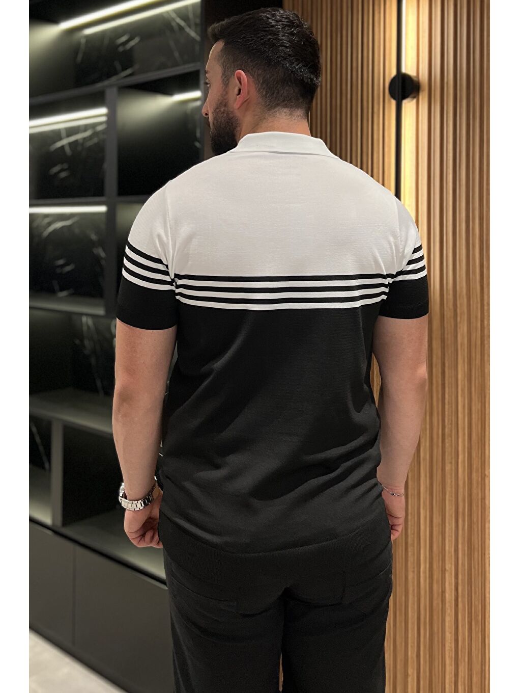 Beyaz Erkek Polo Yaka Çizgi Desenli Çift Renkli Triko Tişört-2