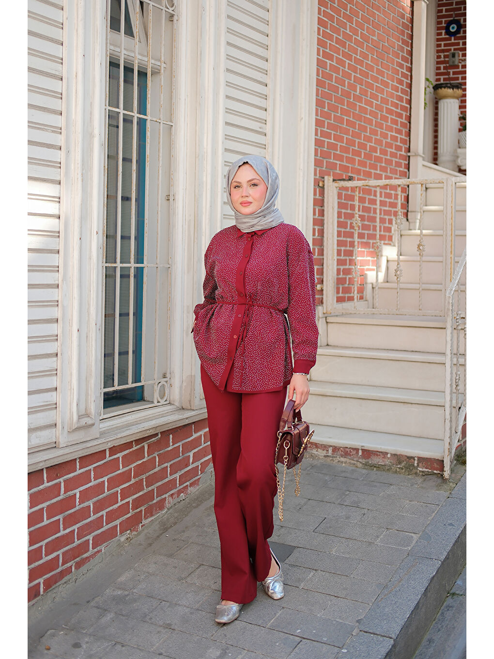 Kadın Taş Detay Düğmeli Gömlek Yaka Takım Bordo-1