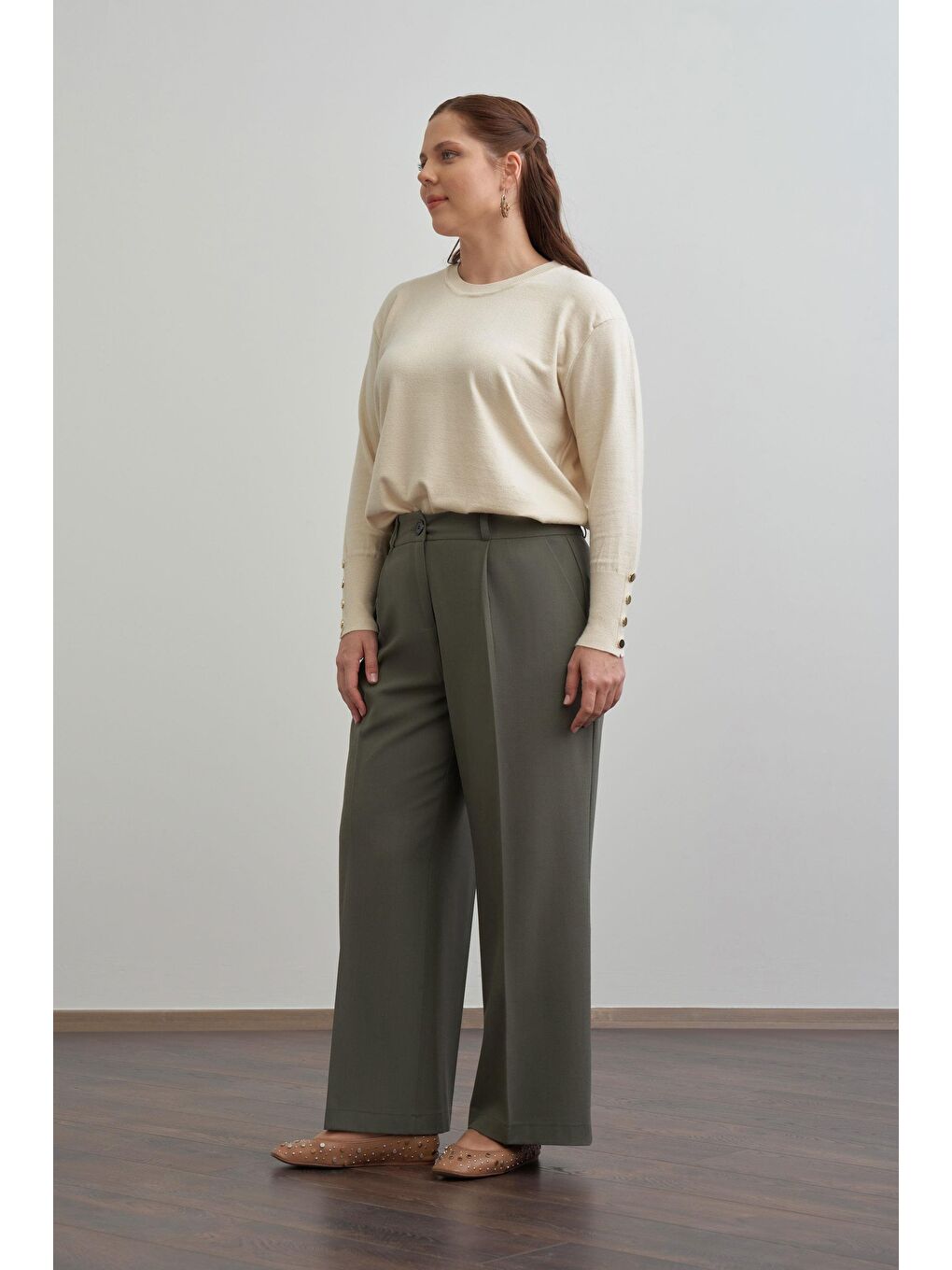 Haki-Önü Pileli Polyviscon Pantolon-1