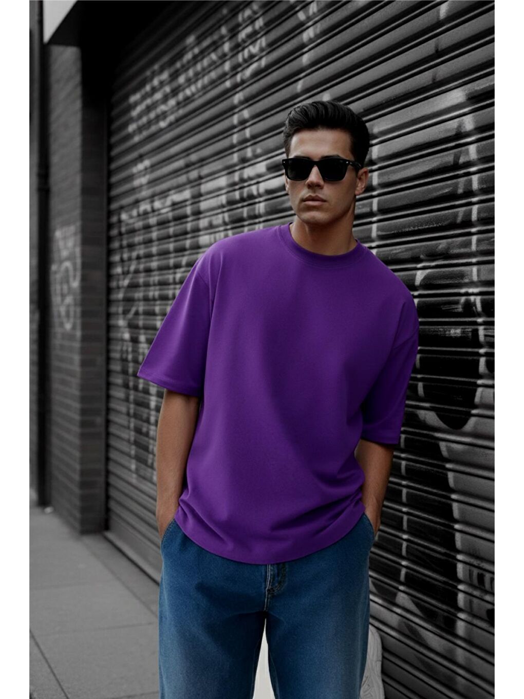 Mor Benriy Erkek Oversize Basic Bisiklet Yaka Pamuklu T-Shirt Rahat Kesim Unisex Sevgili Kombini