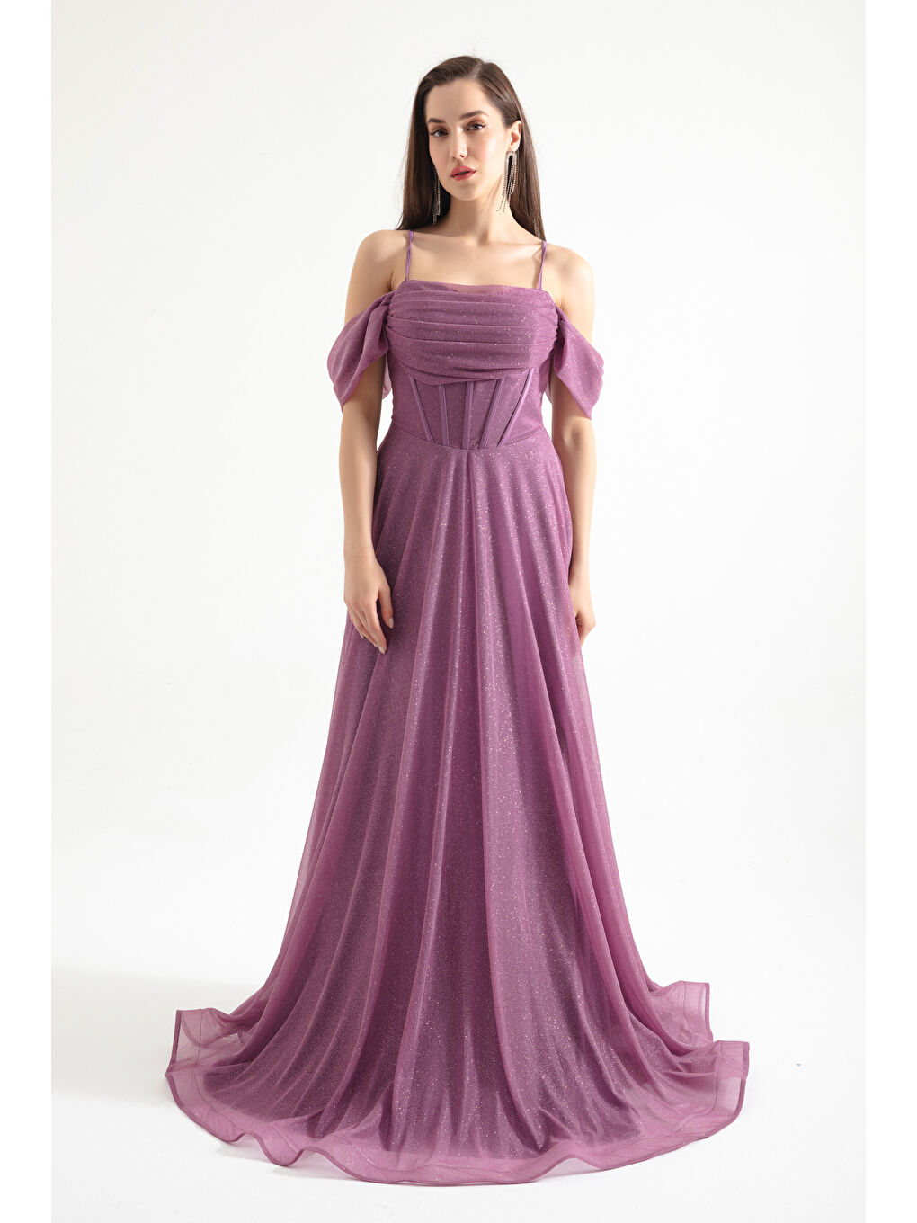 Lila Kadın Lavanta Askılı Simli Uzun Kloş Abiye Elbise