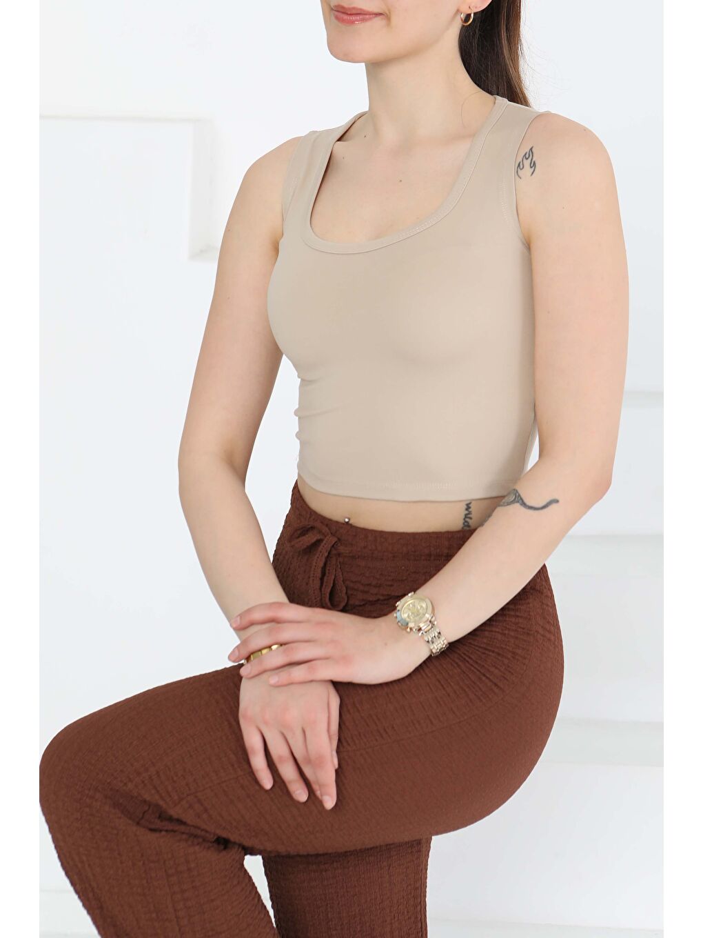 Cupralı Oval Yaka Crop Atlet Bej - 27278-1