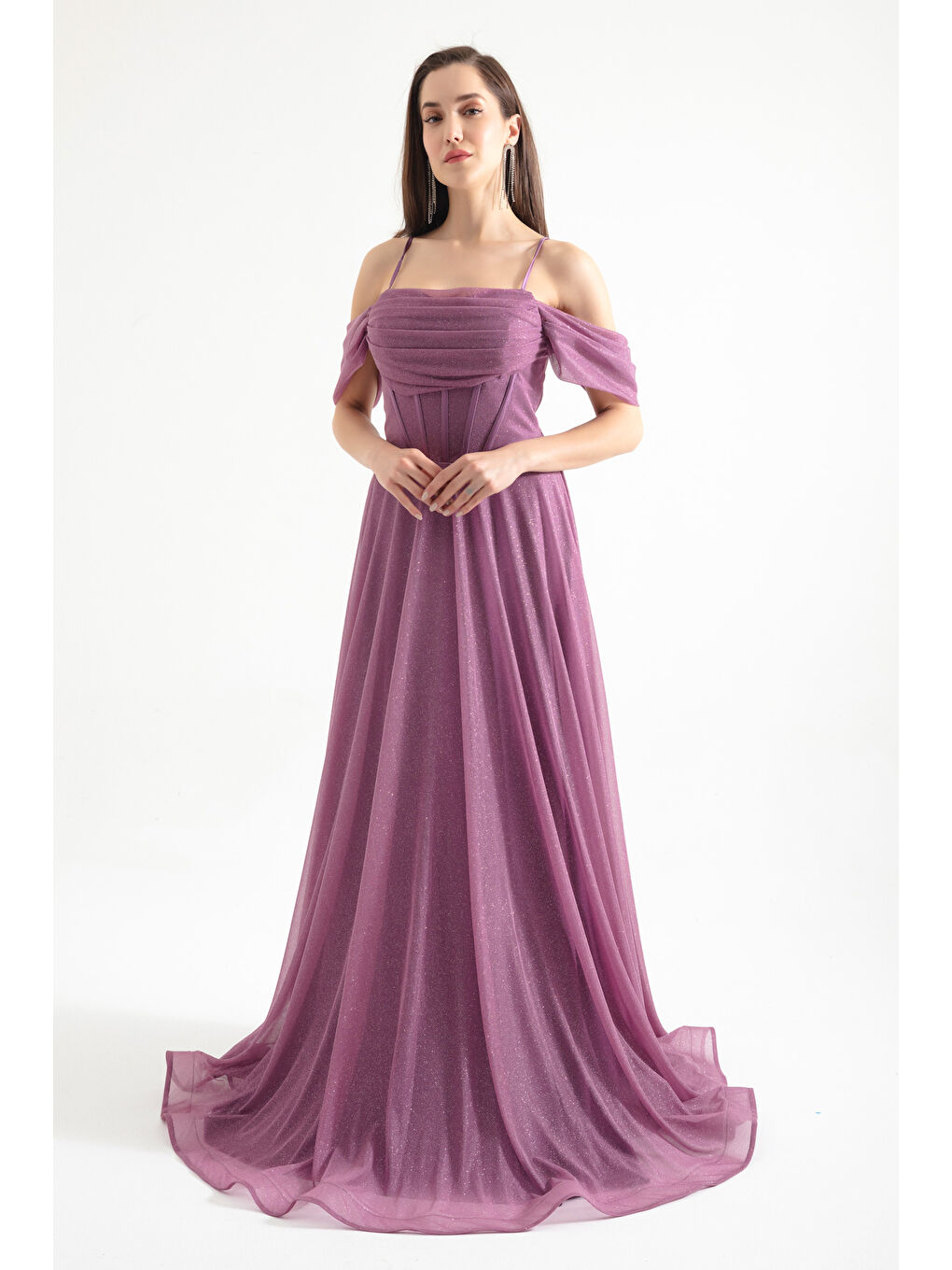 Lila Kadın Lavanta Askılı Simli Uzun Kloş Abiye Elbise-1