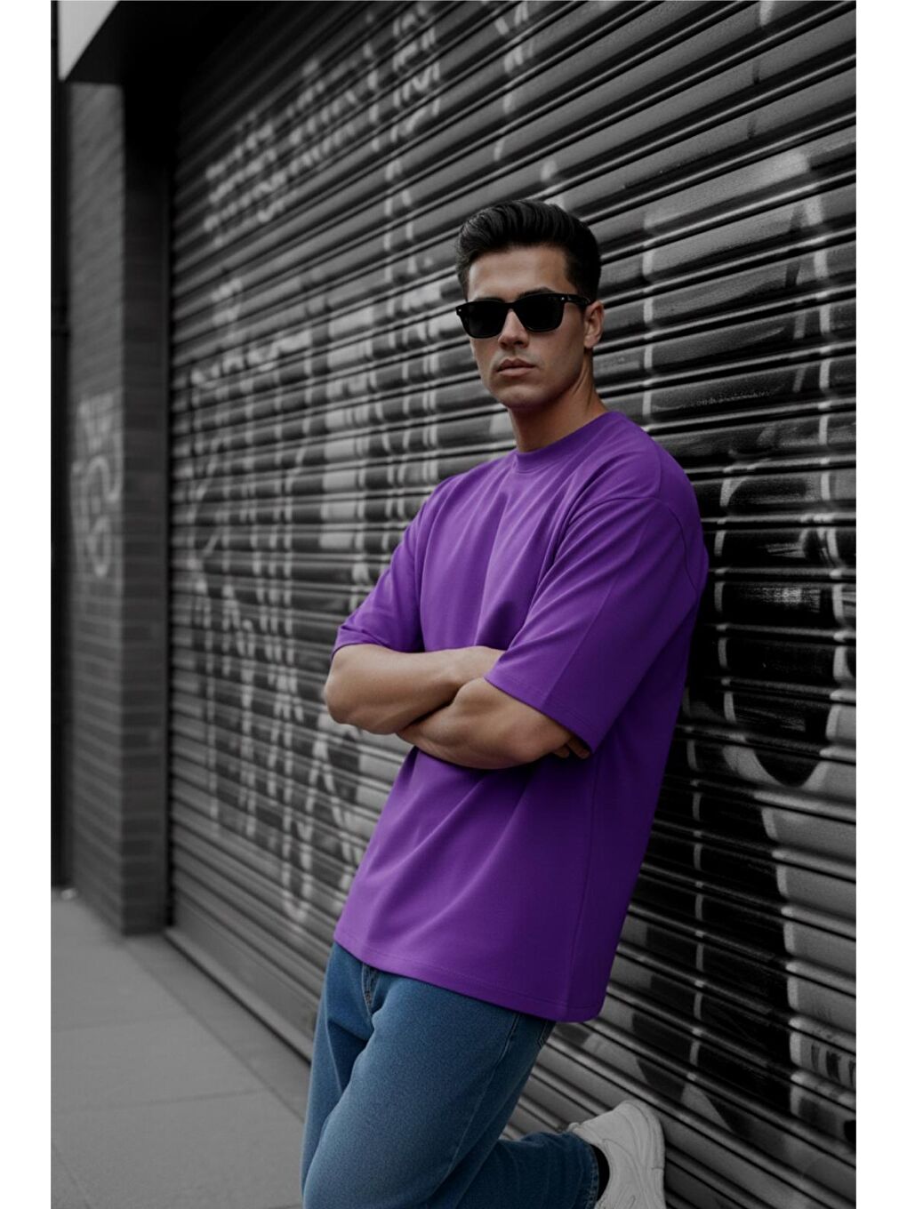 Mor Benriy Erkek Oversize Basic Bisiklet Yaka Pamuklu T-Shirt Rahat Kesim Unisex Sevgili Kombini-1