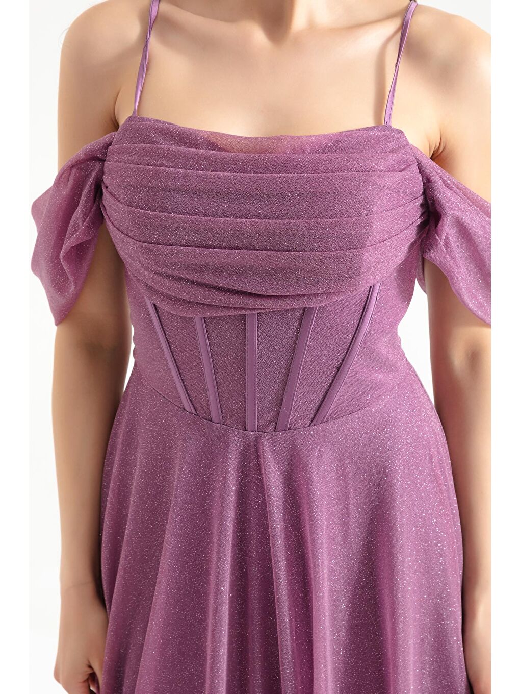 Lila Kadın Lavanta Askılı Simli Uzun Kloş Abiye Elbise-2