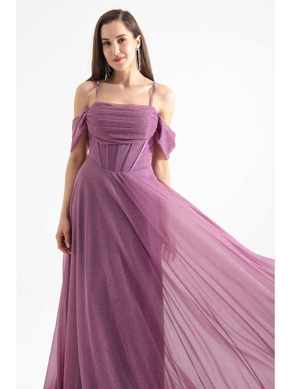 Lila Kadın Lavanta Askılı Simli Uzun Kloş Abiye Elbise-3