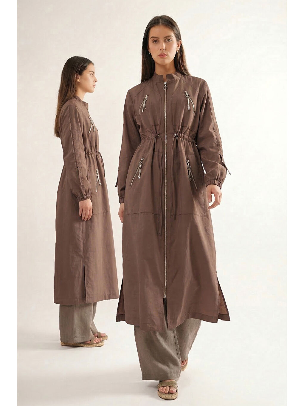 Hakim Yaka Beli Büzgülü Önden Fermuar Detaylı Safari Kap Ceket 822 Kahverengi