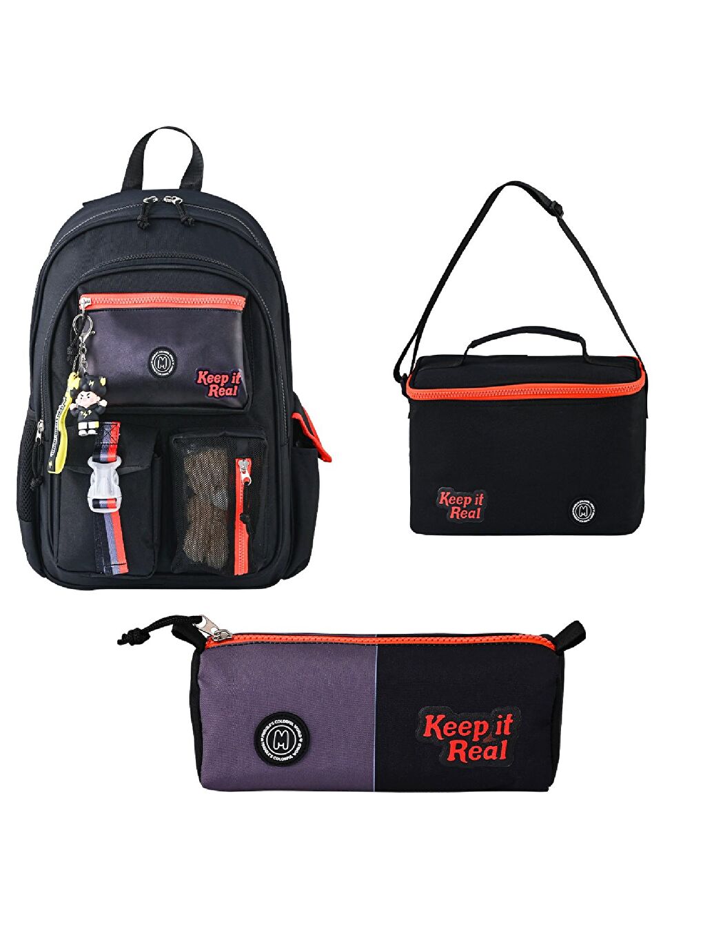 3 Bölmeli Black Okul Sırt Çantası + Beslenme Çantası + Kalemlik