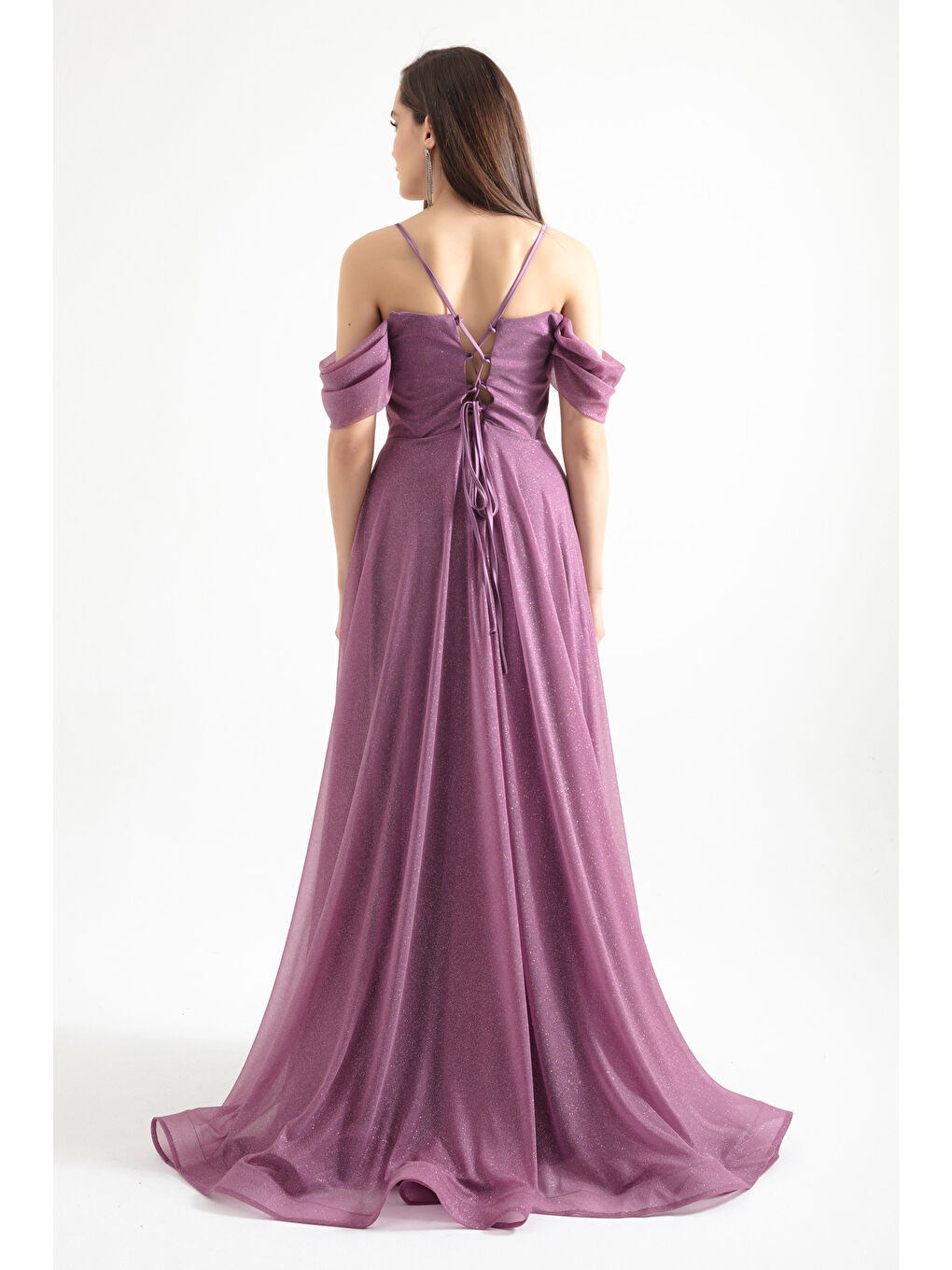 Lila Kadın Lavanta Askılı Simli Uzun Kloş Abiye Elbise-4