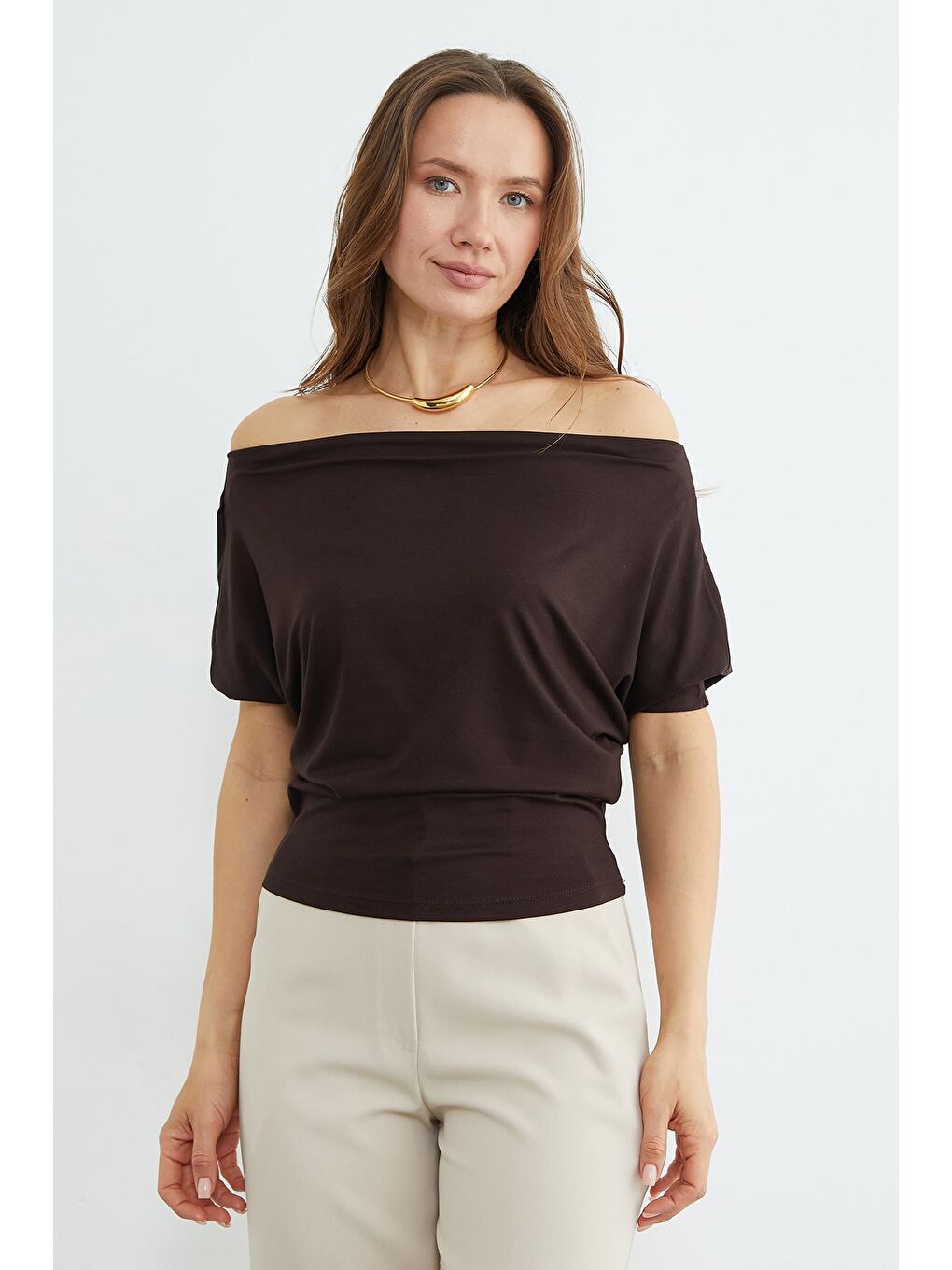 Kahverengi Yarasa Kol Kayık Yaka Bluz