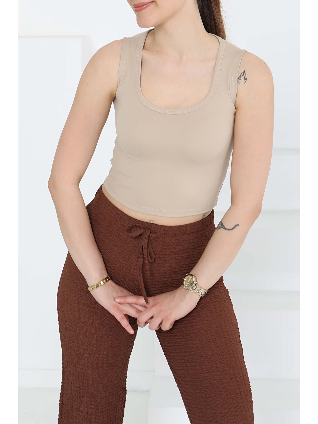 Cupralı Oval Yaka Crop Atlet Bej - 27278-2