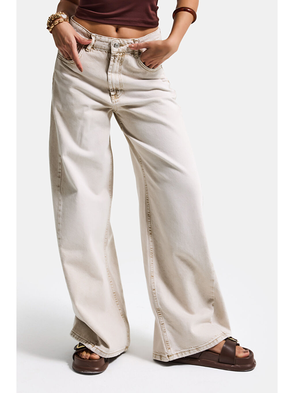 Bej Kadın Taş Rengi 4s6-172 Palazzo Fit Orta Bel Denim Jean