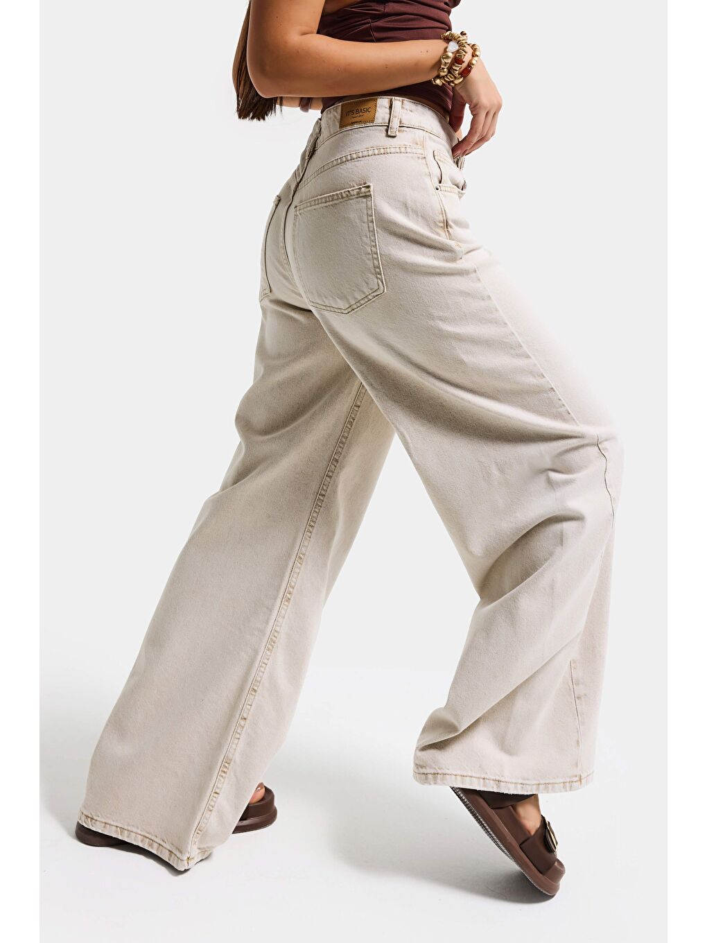 Bej Kadın Taş Rengi 4s6-172 Palazzo Fit Orta Bel Denim Jean-1