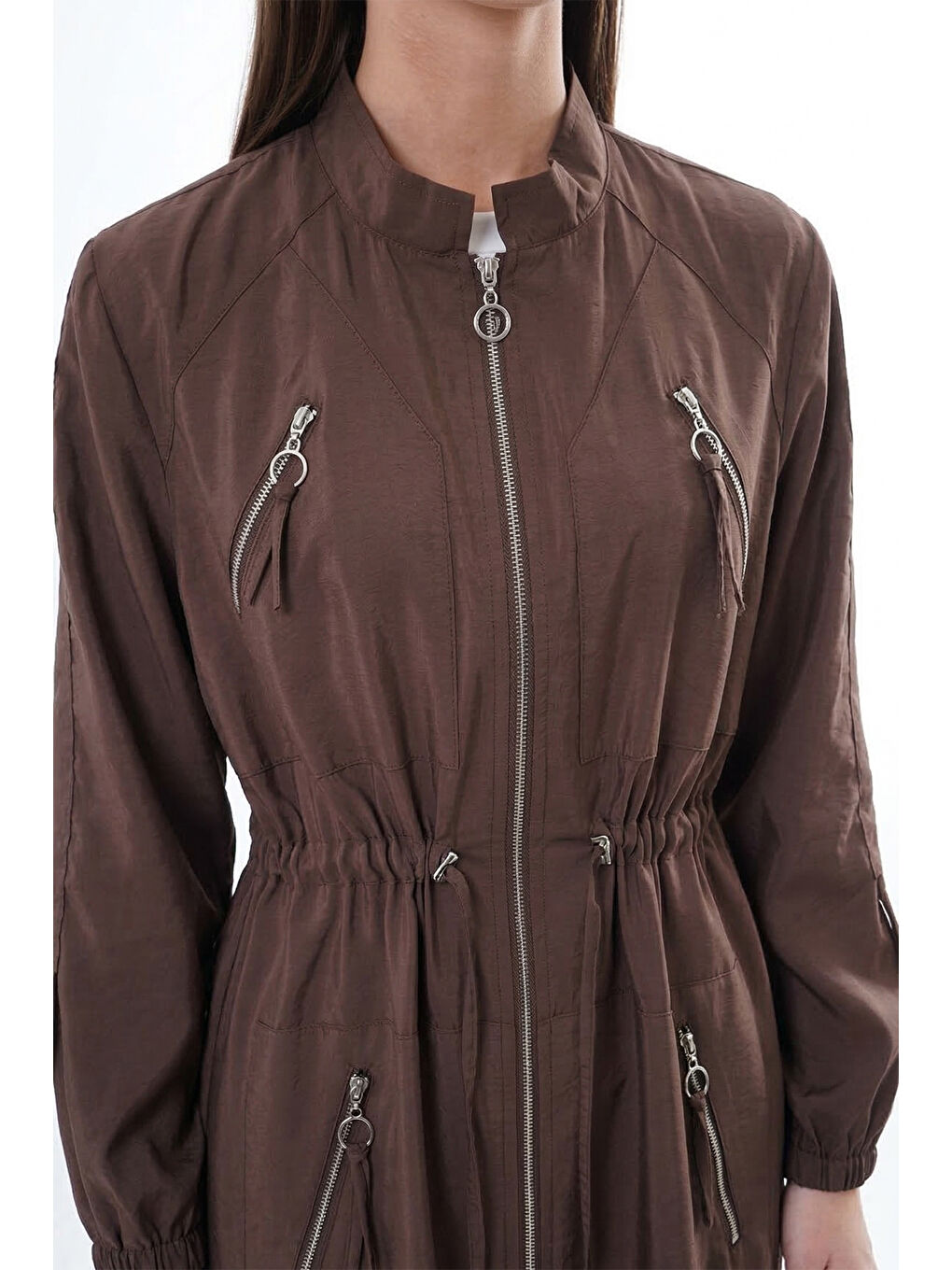 Hakim Yaka Beli Büzgülü Önden Fermuar Detaylı Safari Kap Ceket 822 Kahverengi-1