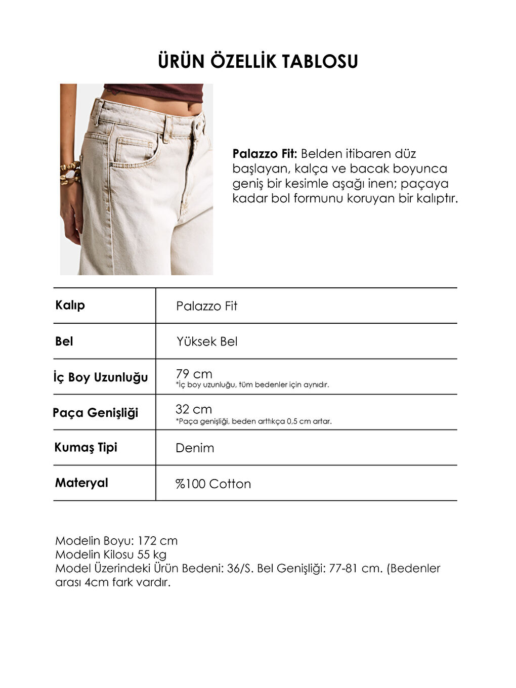 Bej Kadın Taş Rengi 4s6-172 Palazzo Fit Orta Bel Denim Jean-3