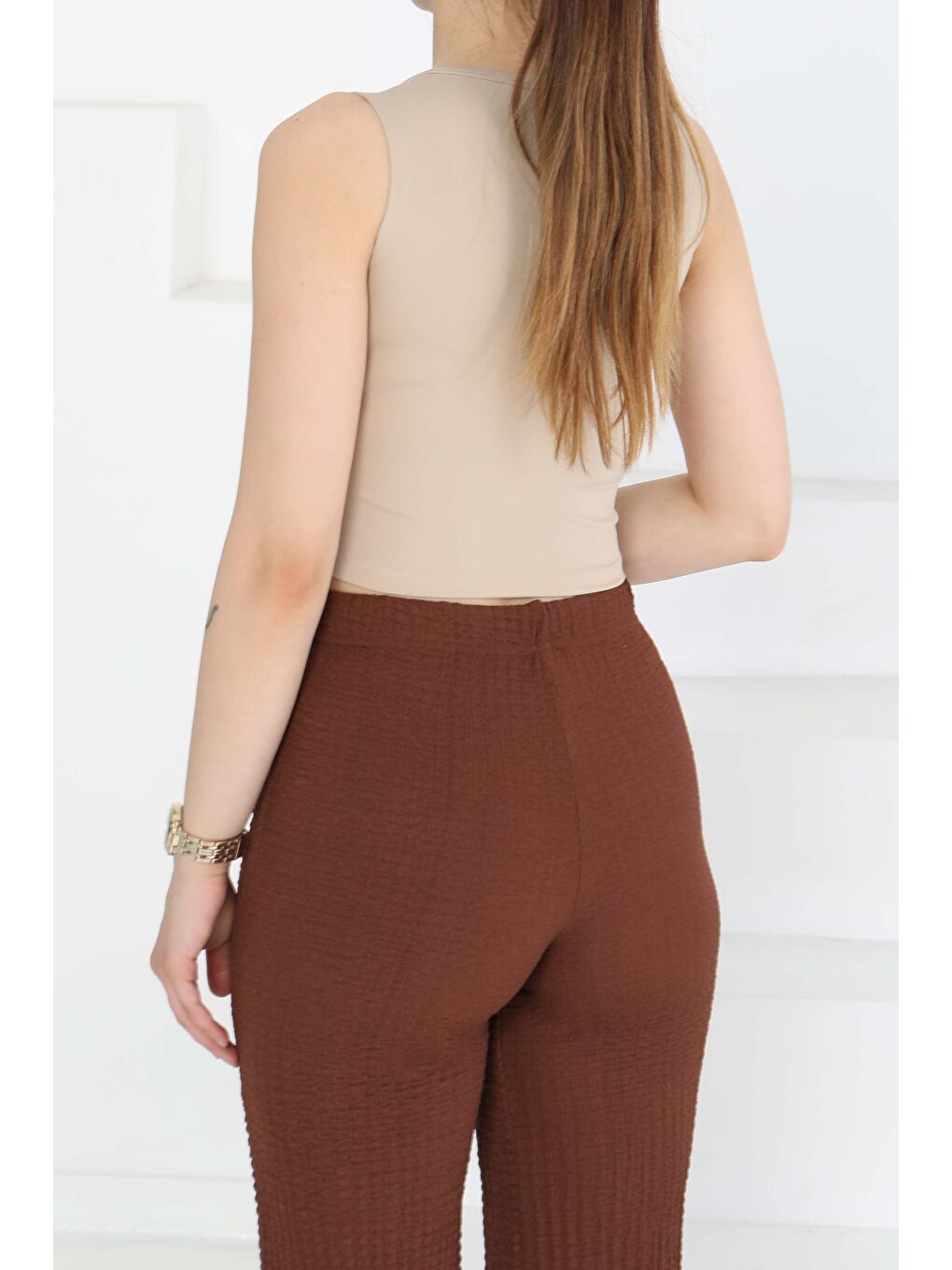 Cupralı Oval Yaka Crop Atlet Bej - 27278-3