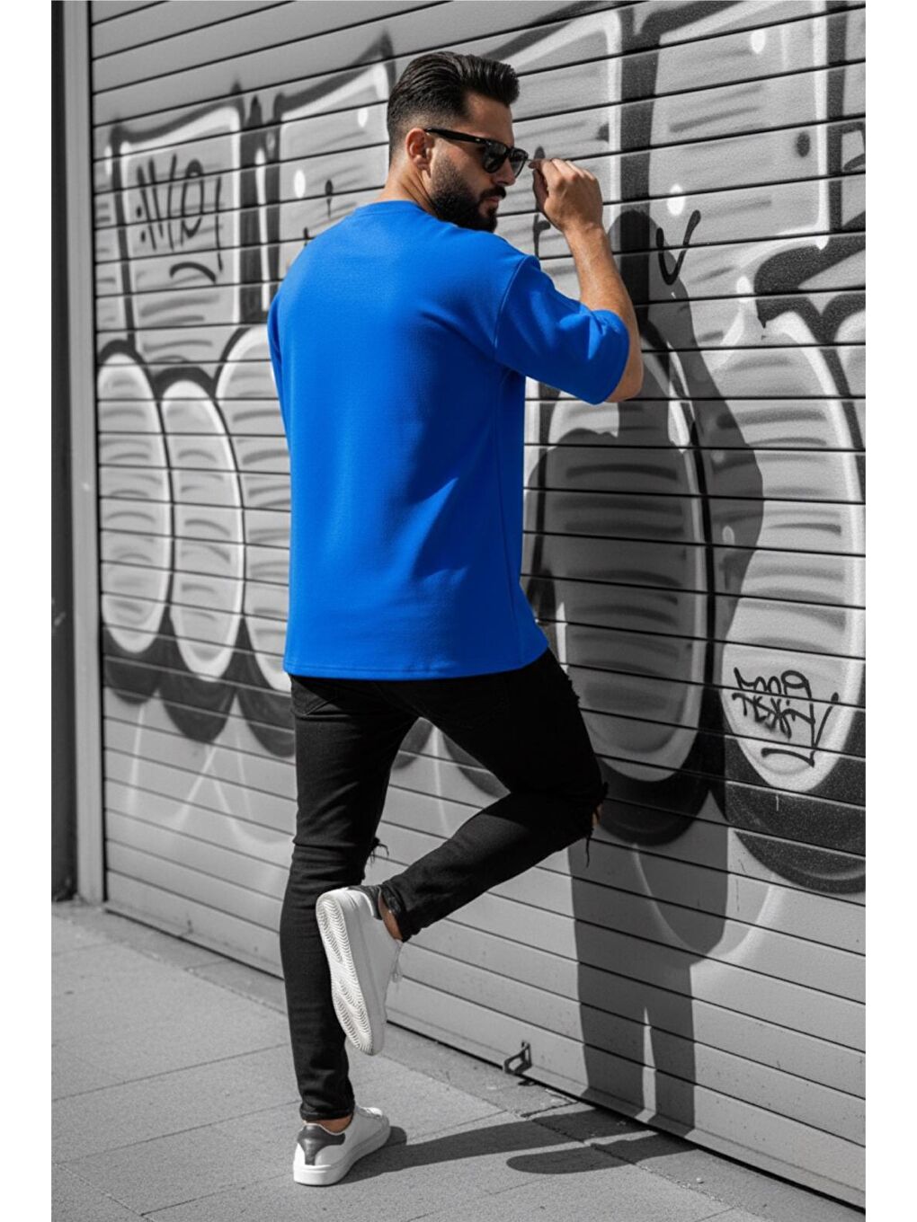 Mavi Benriy Erkek Oversize Basic Bisiklet Yaka Pamuklu T-Shirt Rahat Kesim Unisex Sevgili Kombini-2