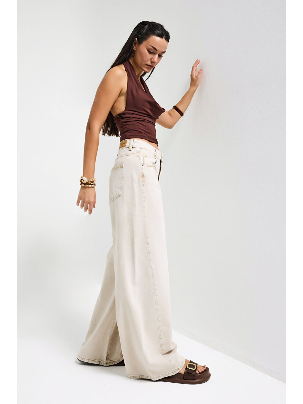 Bej Kadın Taş Rengi 4s6-172 Palazzo Fit Orta Bel Denim Jean-4
