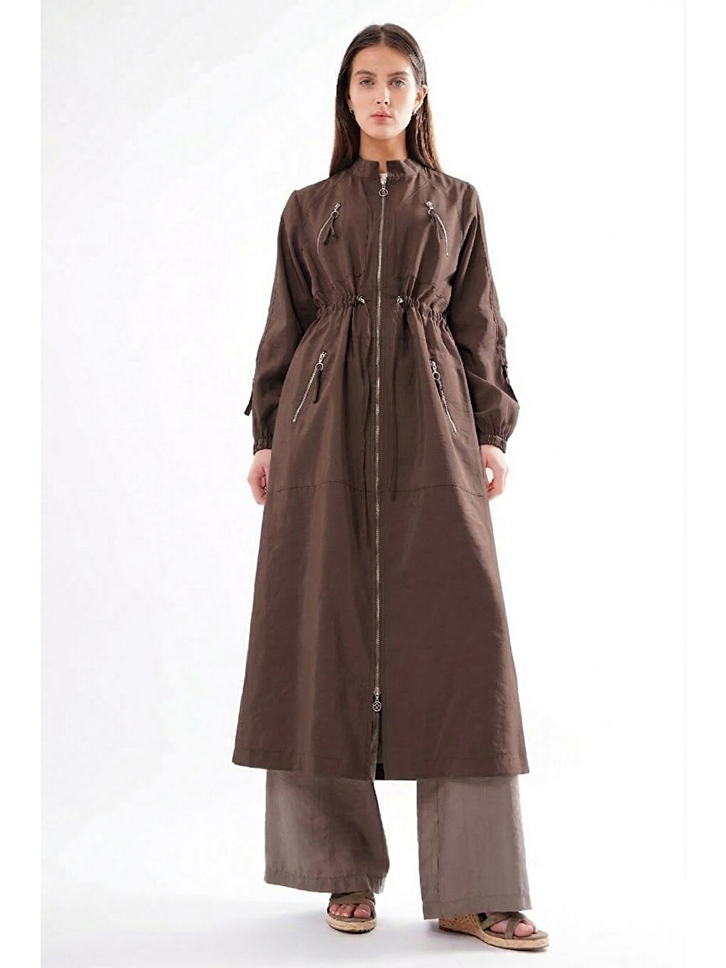 Hakim Yaka Beli Büzgülü Önden Fermuar Detaylı Safari Kap Ceket 822 Kahverengi-2