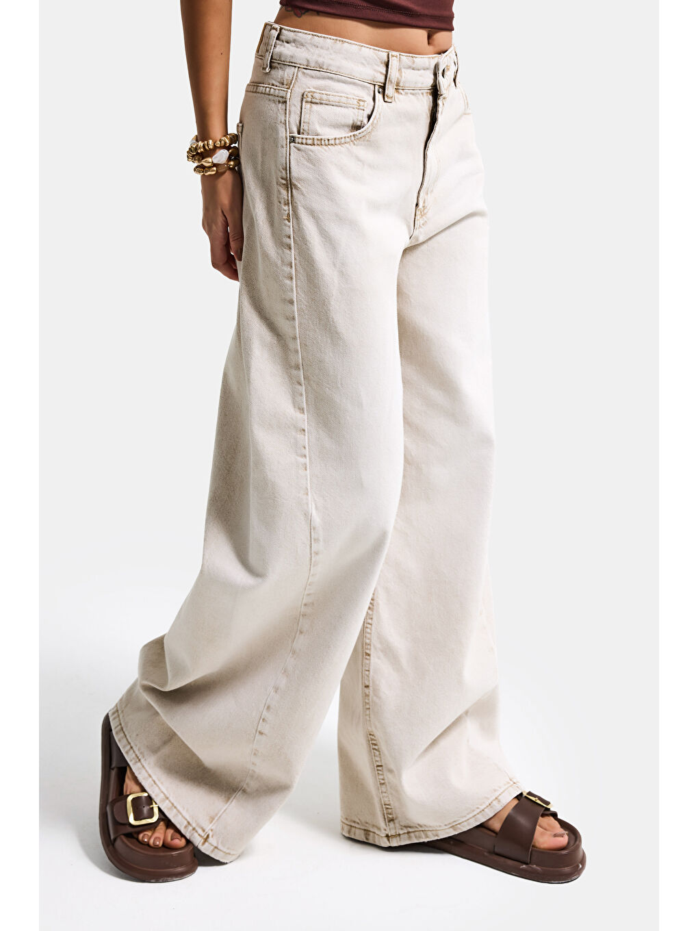 Bej Kadın Taş Rengi 4s6-172 Palazzo Fit Orta Bel Denim Jean-5