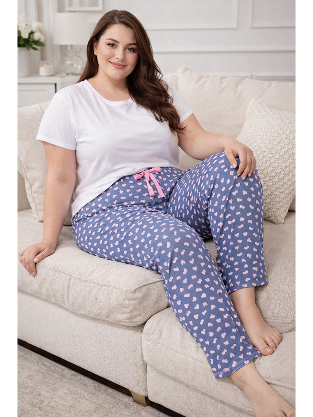 Büyük Beden Kadın Kalp Desen Viskon Kumaş Penye Battal Tek Pijama Alt 04 İndigo