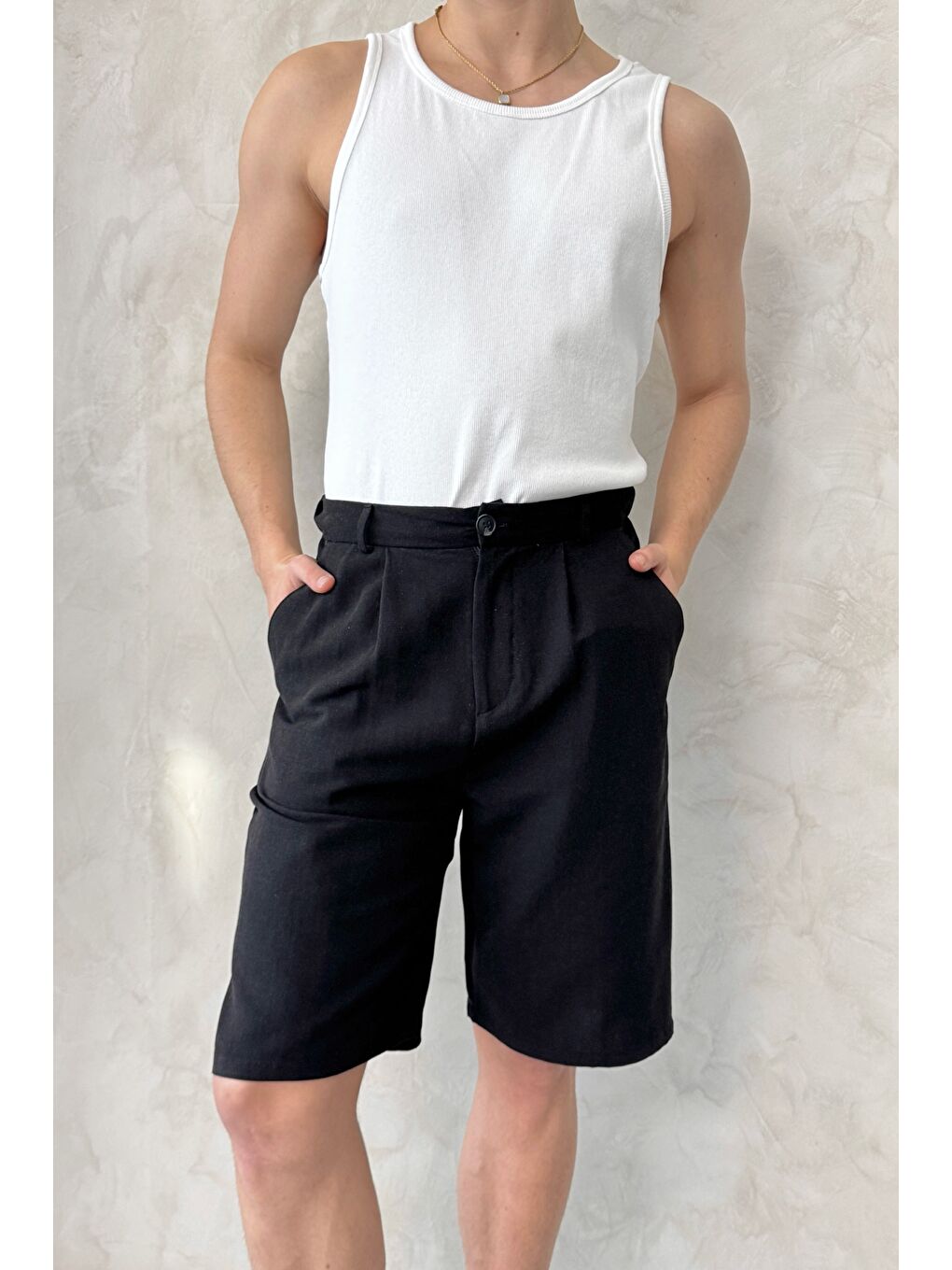 Siyah Erkek Pileli Baggy Keten Şort-2