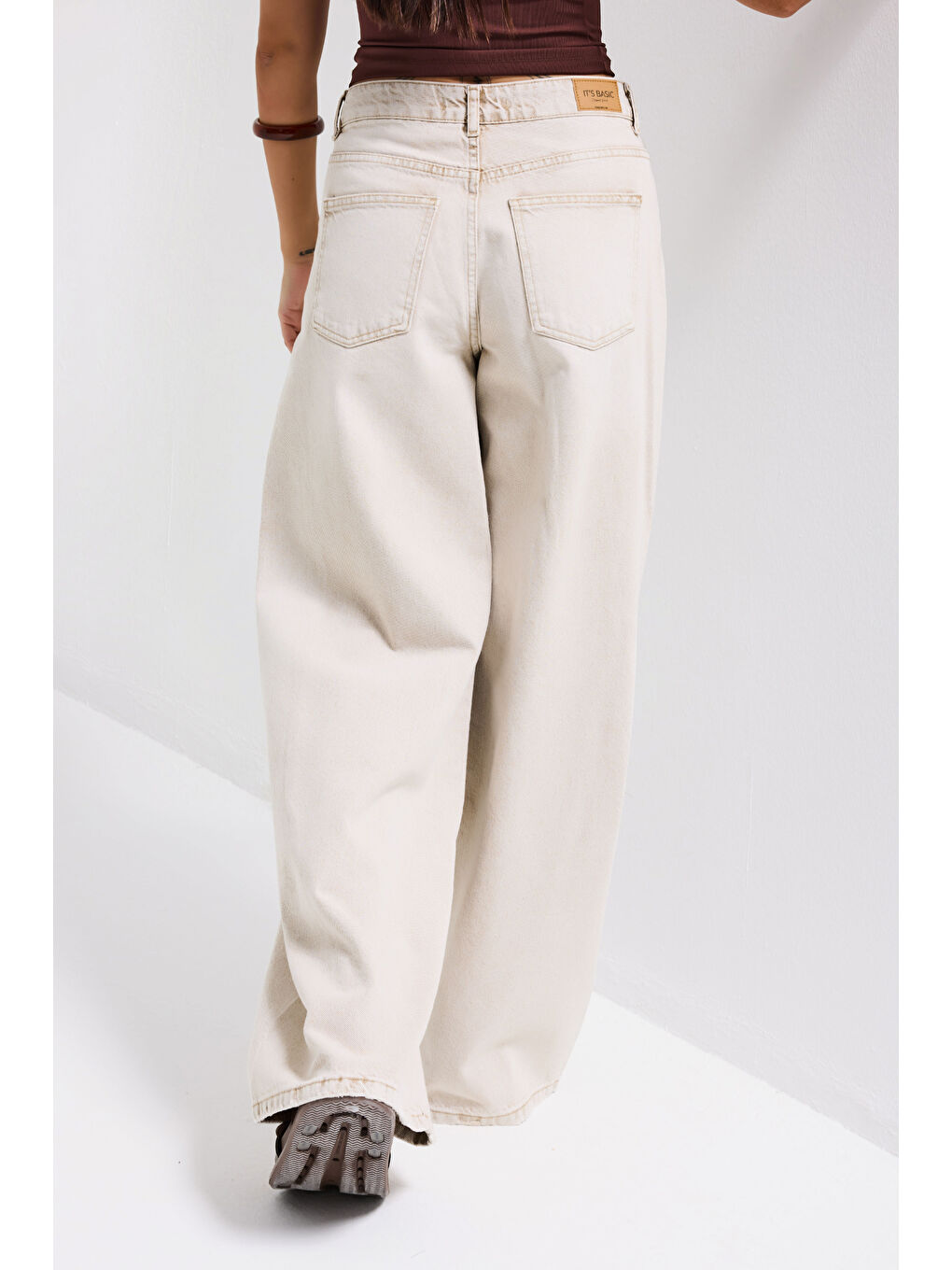 Bej Kadın Taş Rengi 4s6-172 Palazzo Fit Orta Bel Denim Jean-6