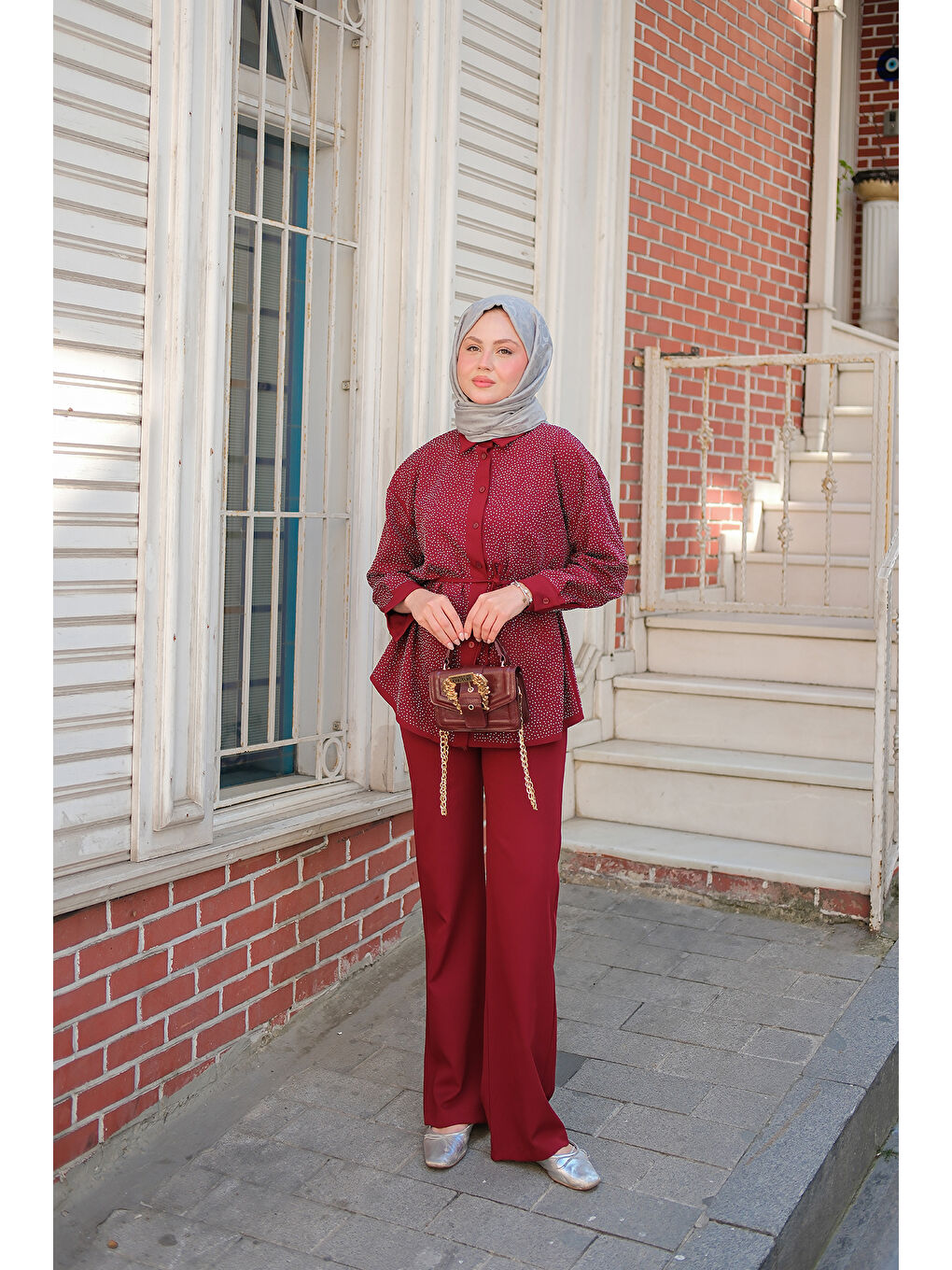 Kadın Taş Detay Düğmeli Gömlek Yaka Takım Bordo-2