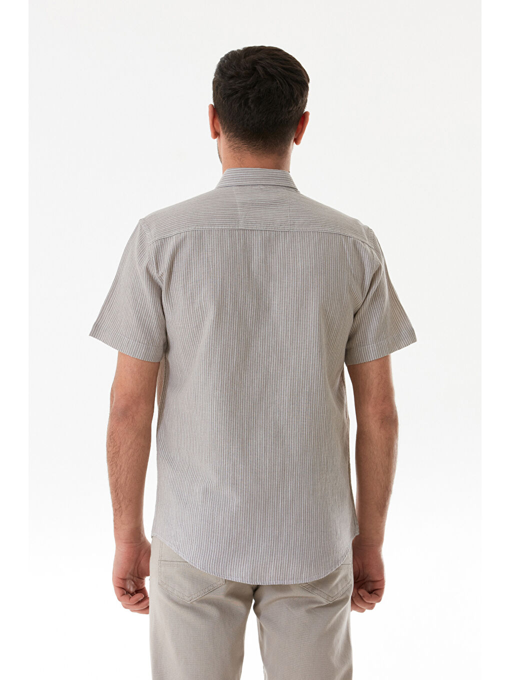 Bej Çizgili Düğmeli Kısa Kollu Gömlek-2